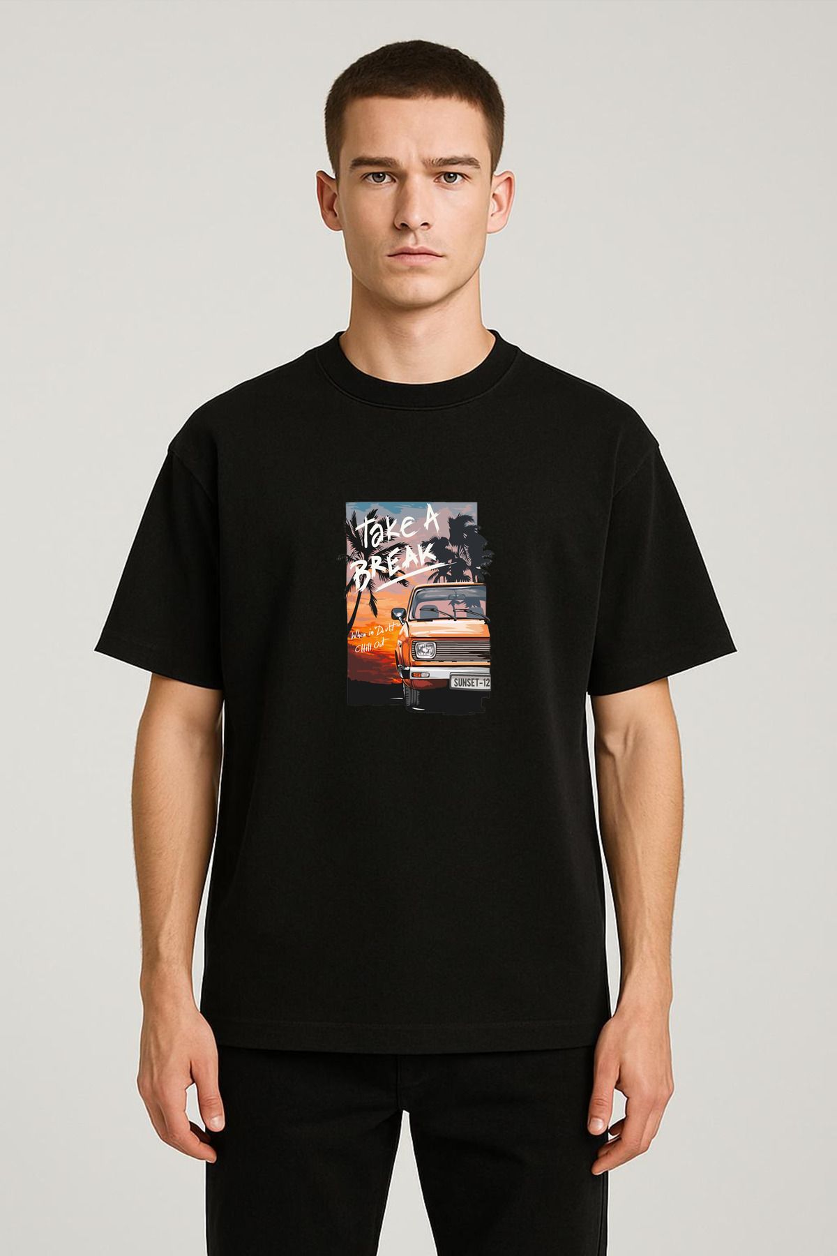 MODA Unisex Oversize Kalıp Take a Break Baskılı T-Shirt