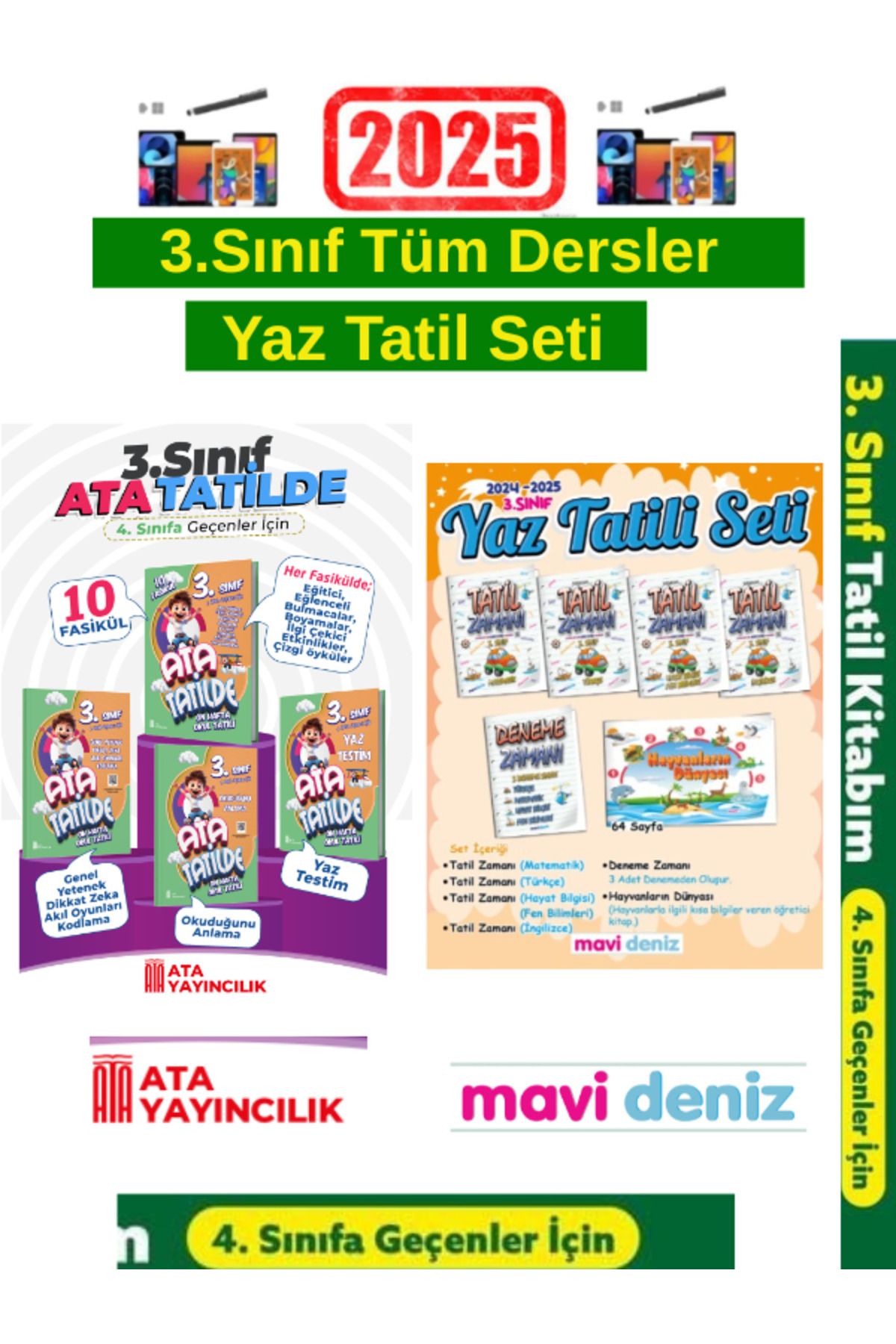 Bilfen Yayıncılık Ata Tatilde 3.Sınıf 10 Fasikül Yaz Tatil Kitabı+Mavi Deniz 3.Sınıf Yaz Tatil Seti+Android Kalem