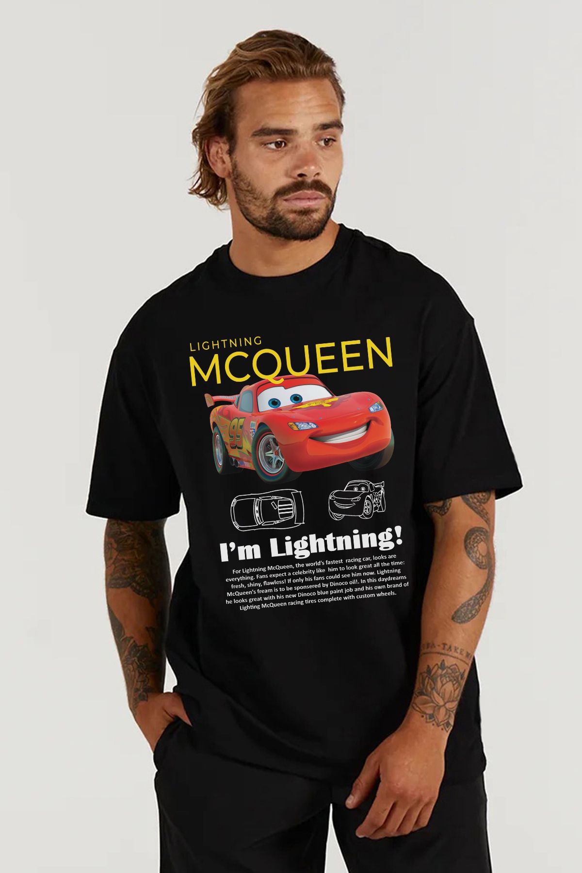 MODA Şimşek McQueen Baskılı Oversize Kalıp Siyah Geniş Bol Kesim Erkek Tişört