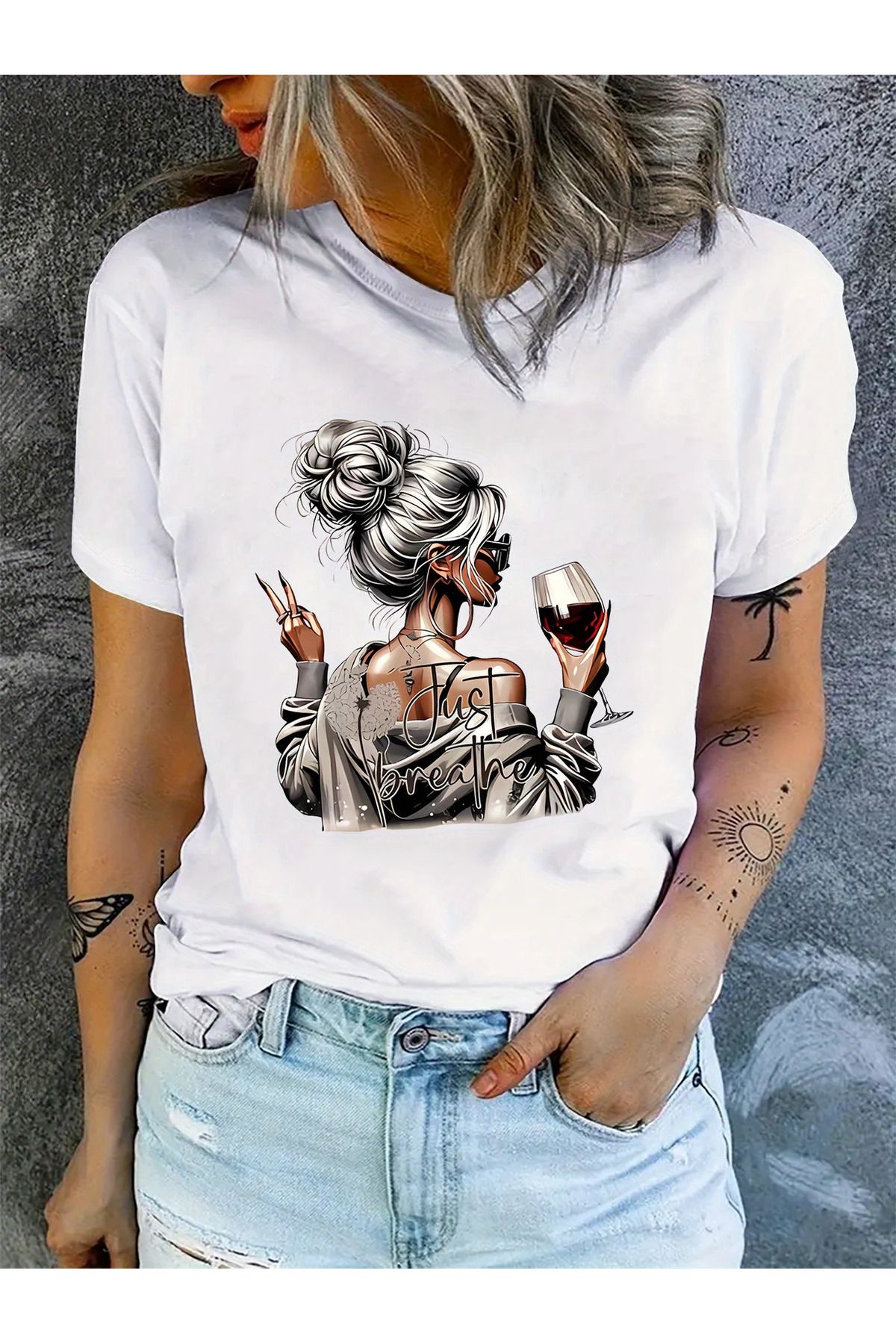 İnazuma Outdoors Unisex Oversize Baskılı Pamuklu Bisiklet Yaka Kısa Kollu BEYAZ T-shirt Just Breathe