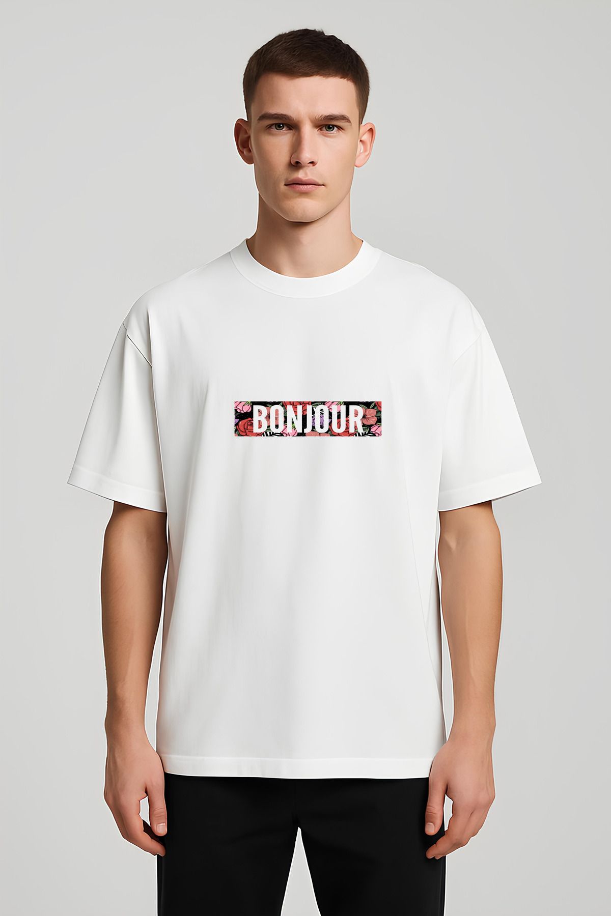 MODA Unisex Oversize Kalıp Bonjour Baskılı T-Shirt