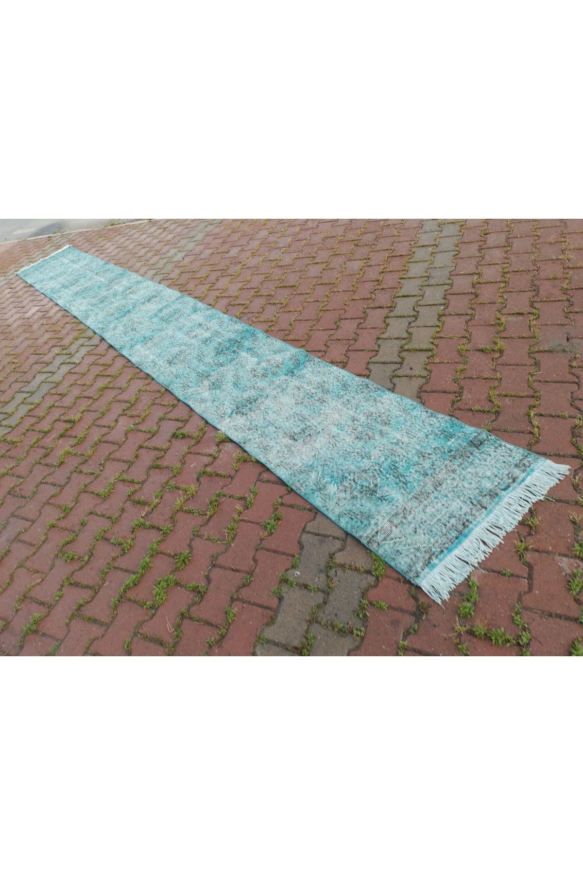 ŞAHMERDANOĞLU 67 x 540 Cm El Dokuması Vintec-Eskitme Extra Uzun Turkuaz Yolluk Halı, Merdivenlere-Koridora 2628