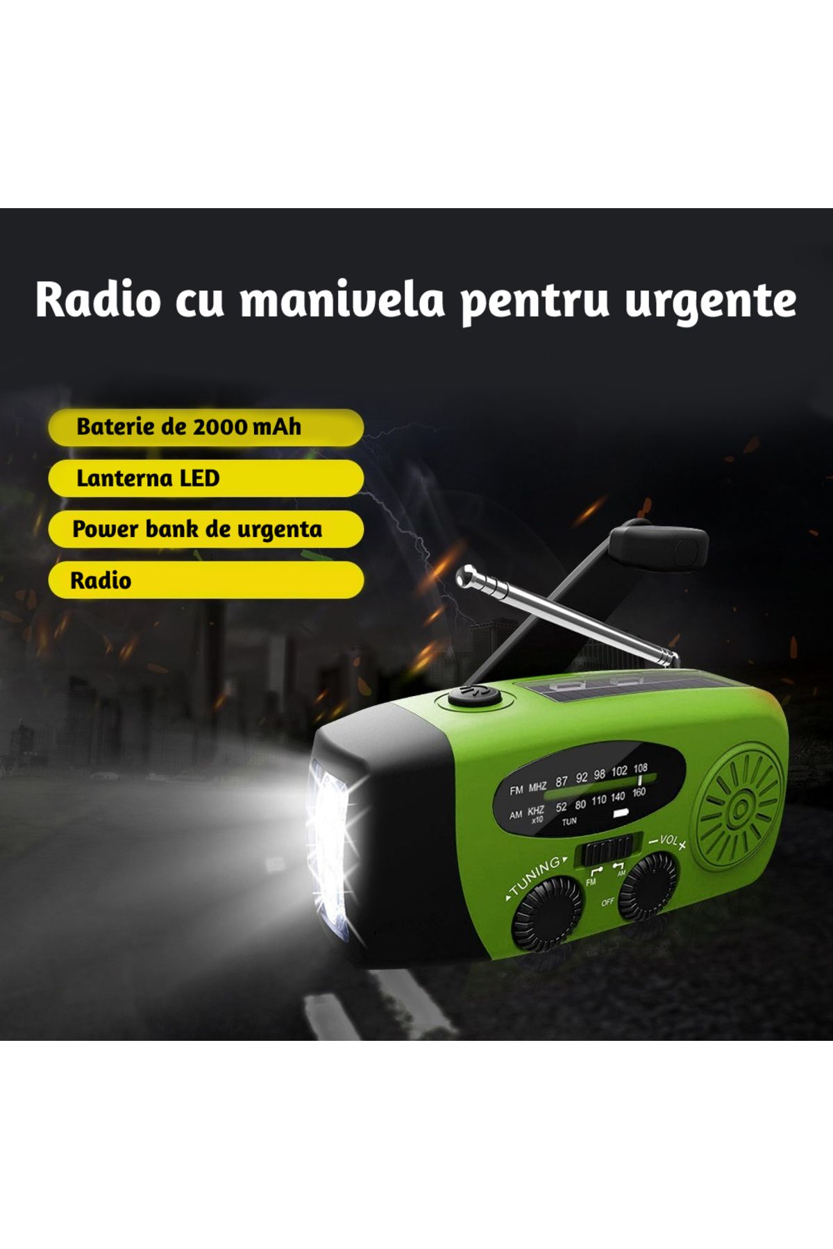 ZEQAS-Portable Solar/USB/Crank Radio 2000mAh Waterproof Power Bank with Green Flashlight 5