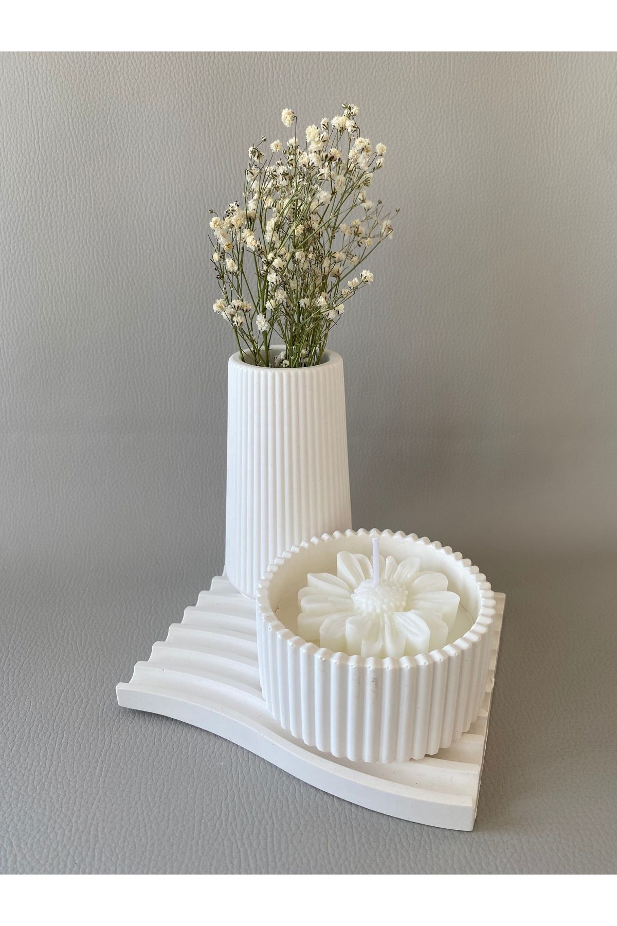 SELAR HOME DECOR Dekoratif Set 3'lü Mini Dalgalı Tepsi - Çizgili vazo - mini mumluk