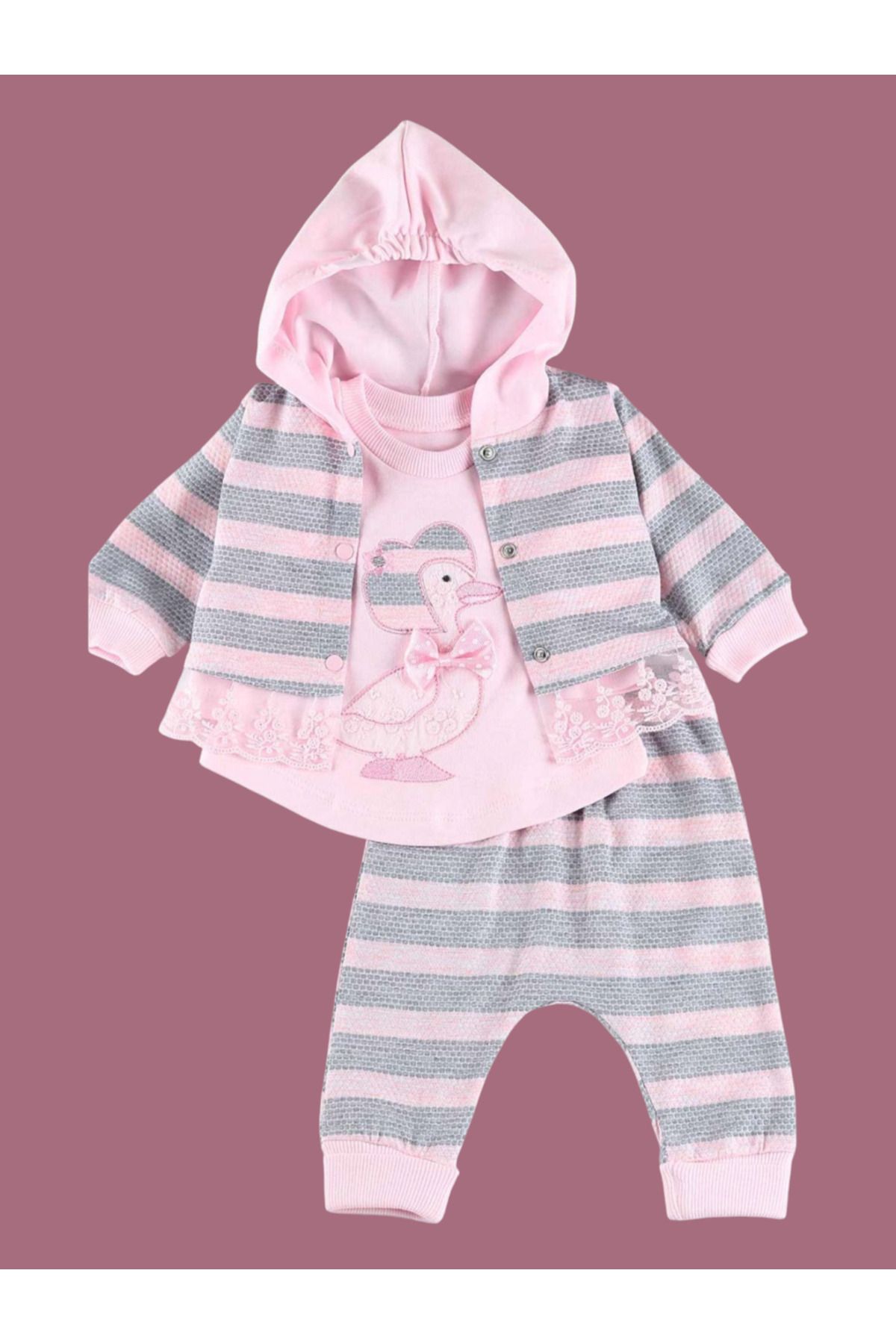 Babyim Pembe 3 Parça Ördek Nakışlı Kapüşonlu Dantelli Zıbın Seti