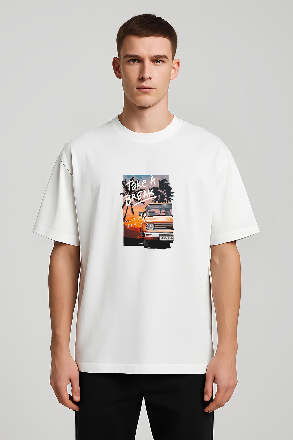 MODA Unisex Oversize Kalıp Take a Break Baskılı T-Shirt