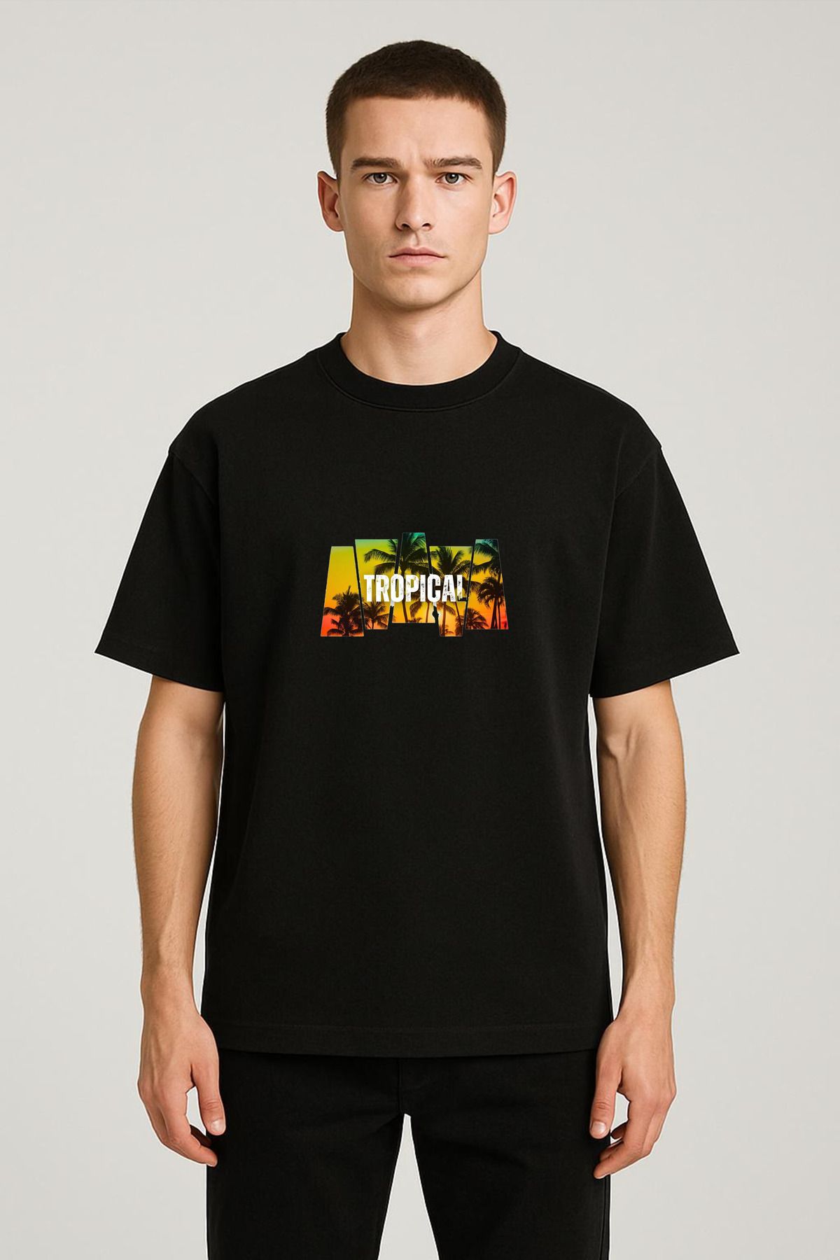 MODA Unisex Oversize Kalıp Tropical Baskılı T-Shirt