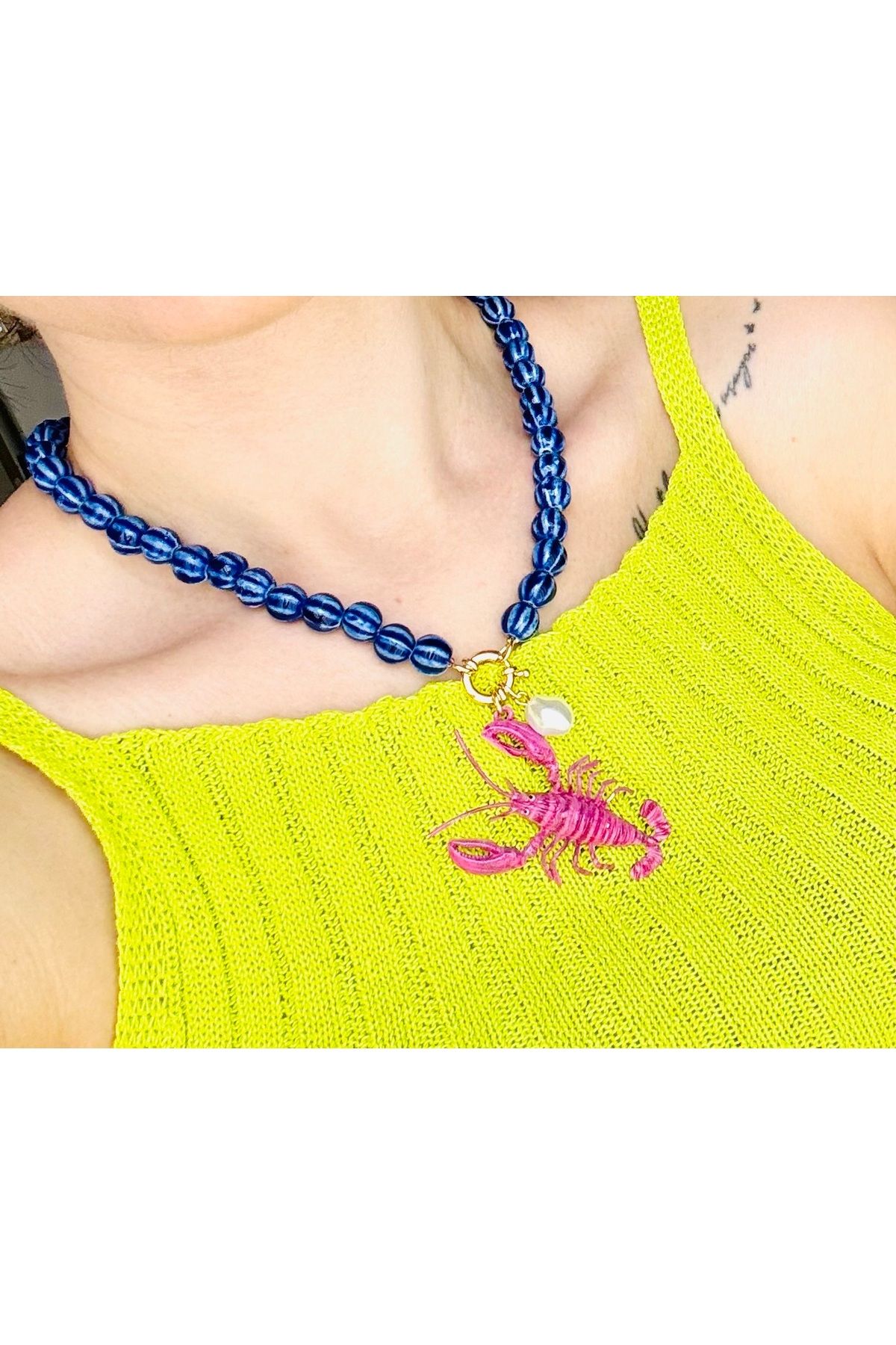 Markiz Takı Lacivert Boncuk Pembe Istakoz Kolye 45 cm + 5 cm uzatma payı