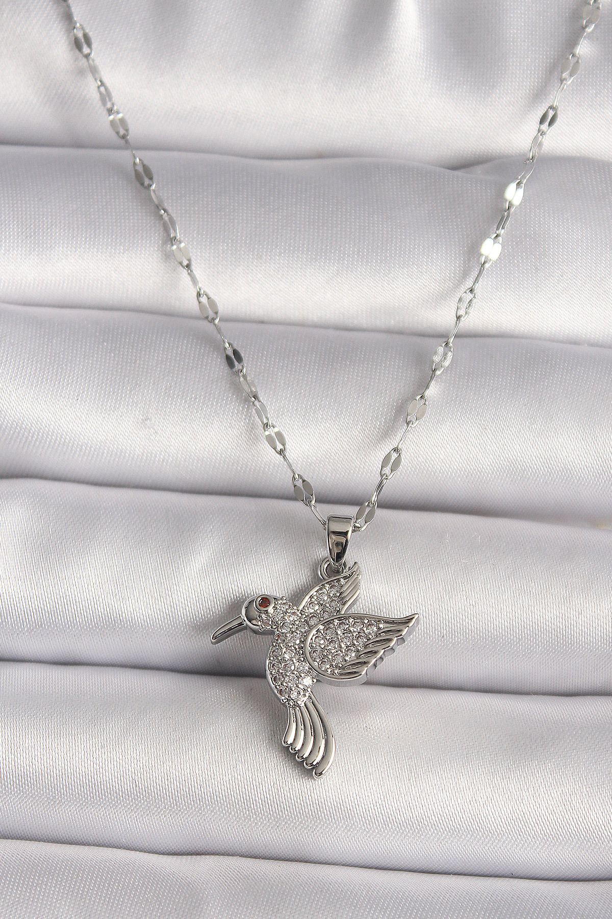 Angel Of Life 316L Gümüş Renk Zirkon Taşlı Sinek Kuşu Model Kadın Kolye - TJ-BKO9675