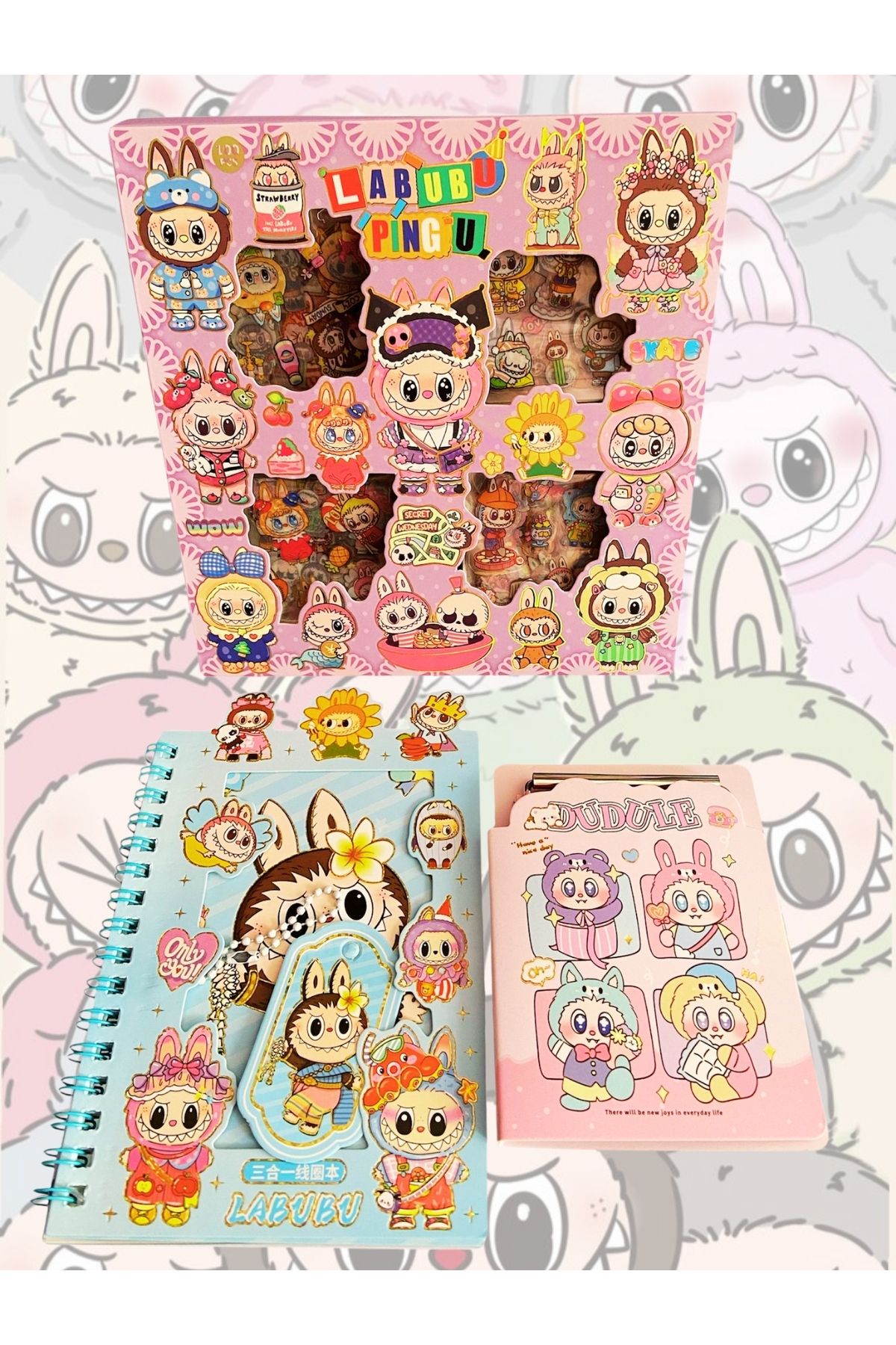 ÖZ OFİS Labubu Özel Kutulu Sticker Note Pad ve Sticker Defter Seti 3'lü Tam Set
