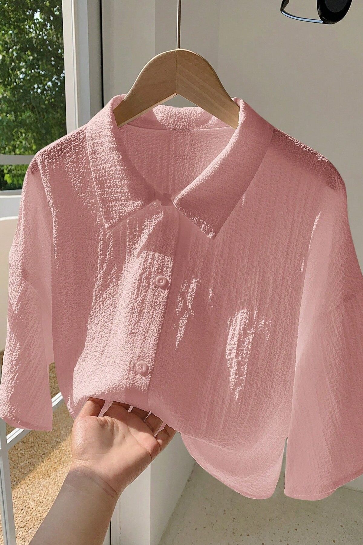 MODAGEN Kadın Pembe Kısa Kollu Bürümcük Crop Gömlek