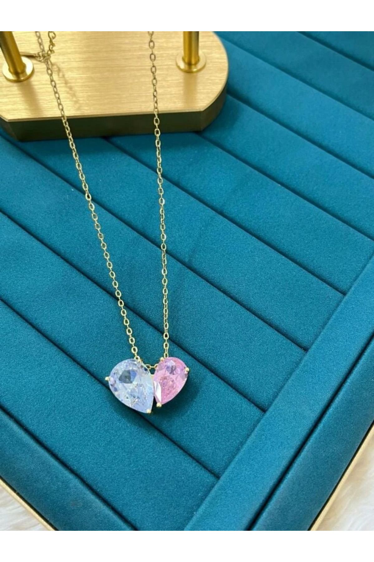FM Gold Renk Parlak Pembe Taşlı Şık Zarif ve Anlamlı Hediye Çift Kalp Çelik Kolye