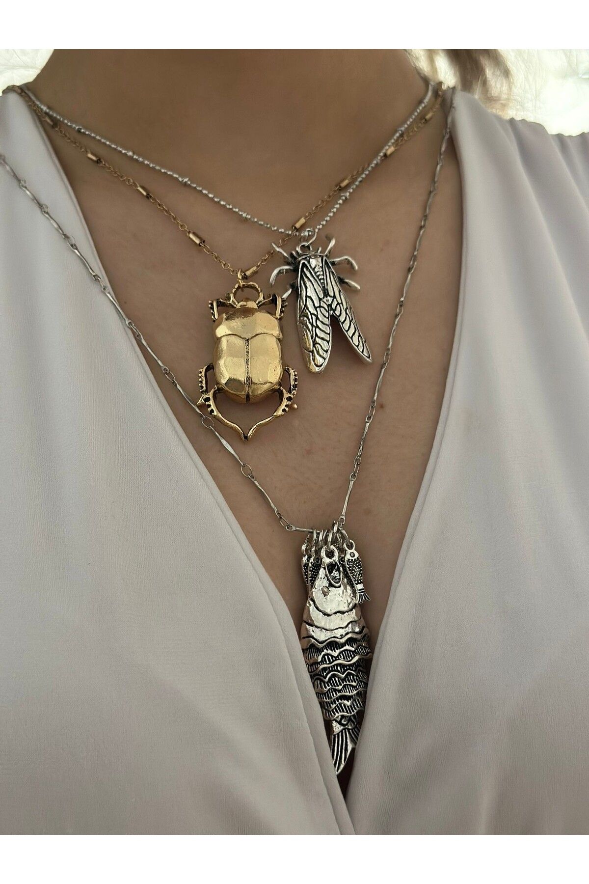 MyladyAccessoriess 3 Sıra Byyeşo Charm Detay Uzun Kolye