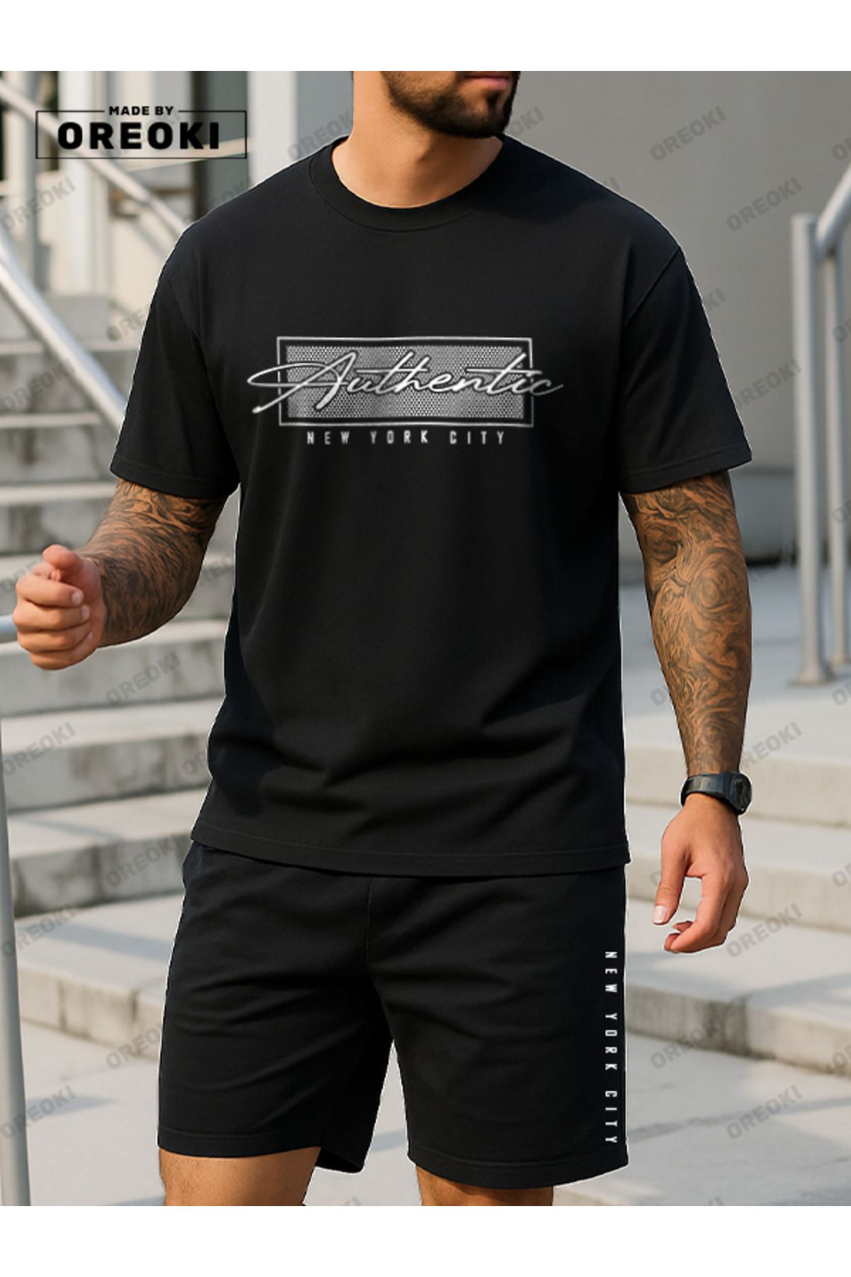 EFFRENATU Otantik Baskılı Pamuklu Kumaş Erkek Siyah T-shirt-Siyah Şort Takım
