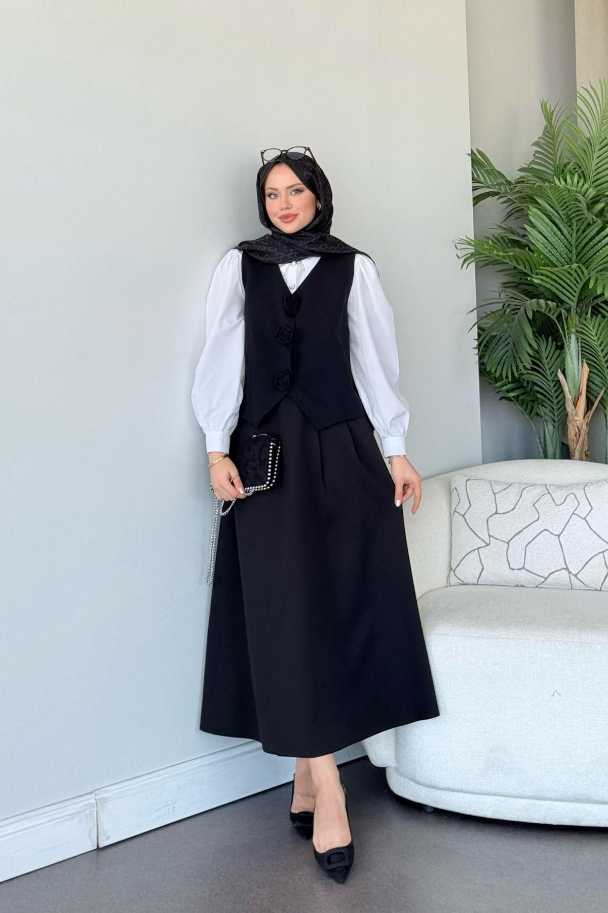 HAZA MODA Venedik Etekli Takım Siyah
