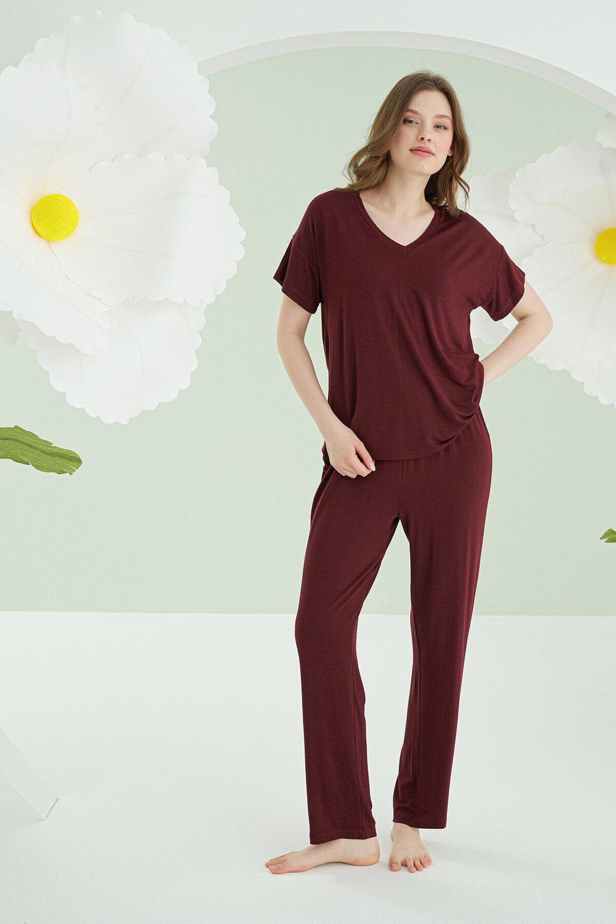 NBB Kadın Modal V Yaka Kısa Kollu Pijama Takımı %95 Viskon %5 Elastan