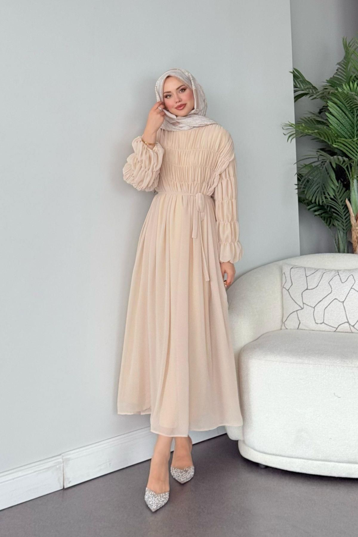 HAZA MODA Royal Büzgülü Elbise Bej