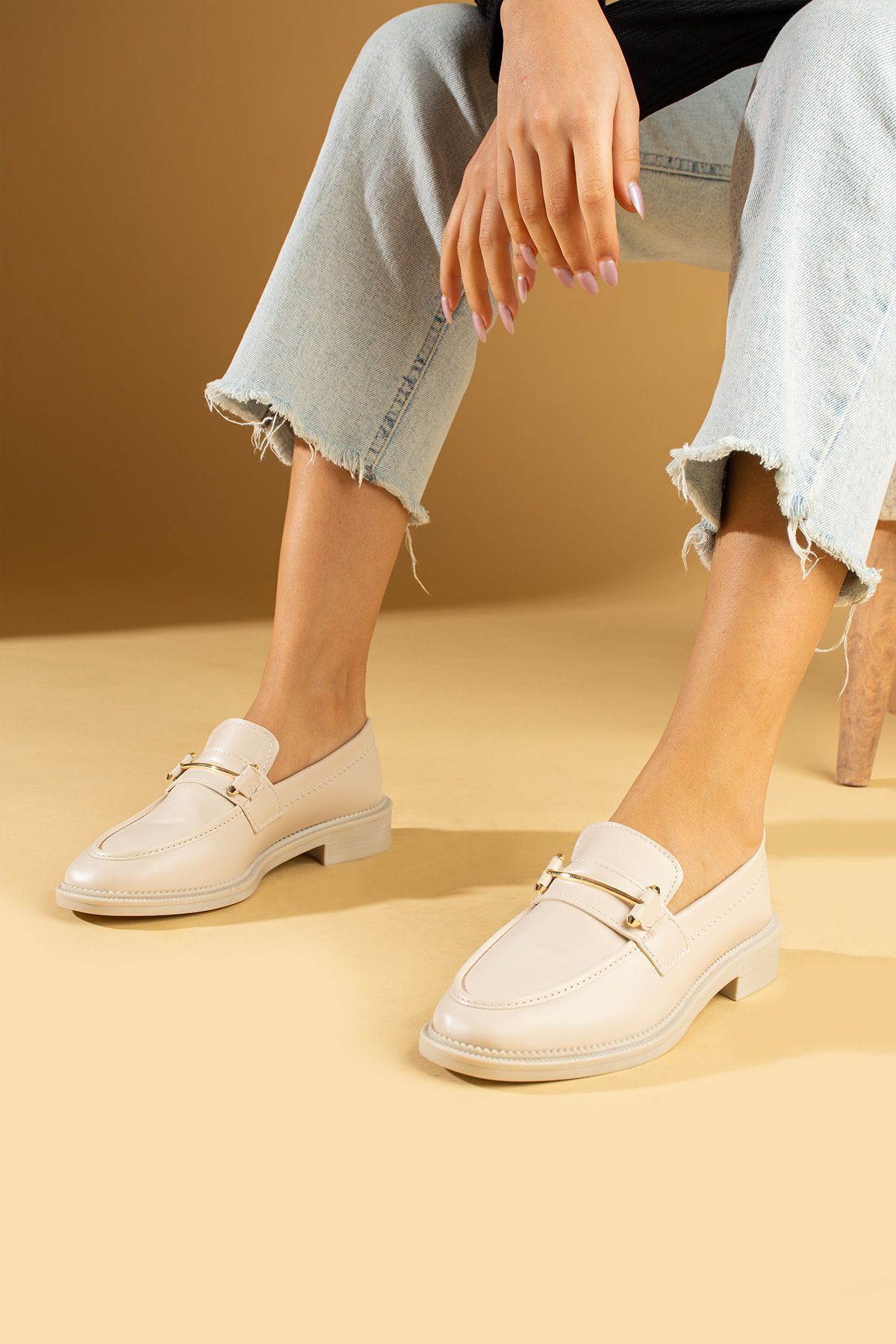 Pembe Potin Kadın Nut Bej Krem Loafer Makosen Casual Tokalı Günlük Rahat Taban Ayakkabı