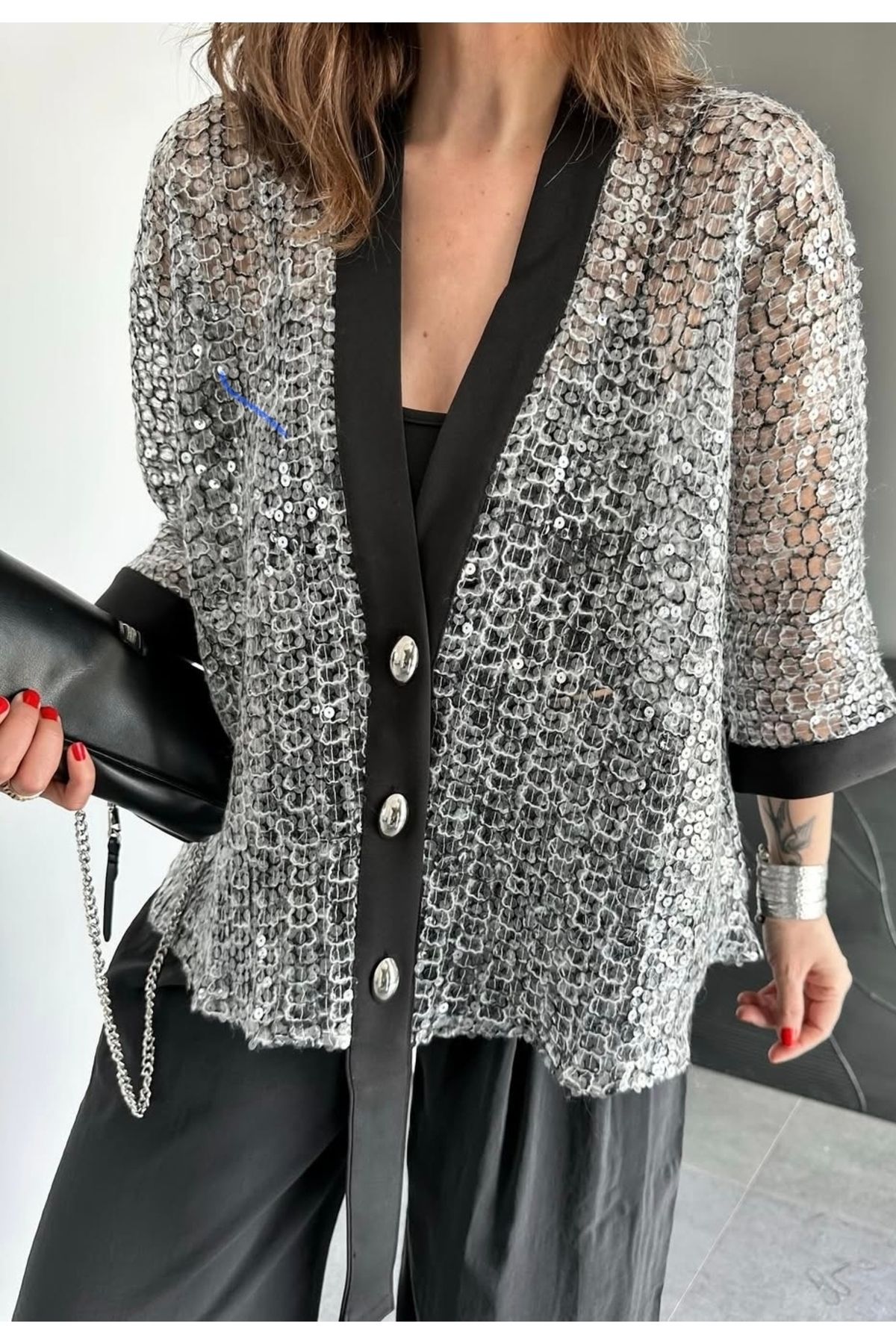 HİLALAKSESUAR10 PAYETLİ PULLU SİYAH ŞERİT TASARIM PREMİUM CEKET HIRKA BLUZ