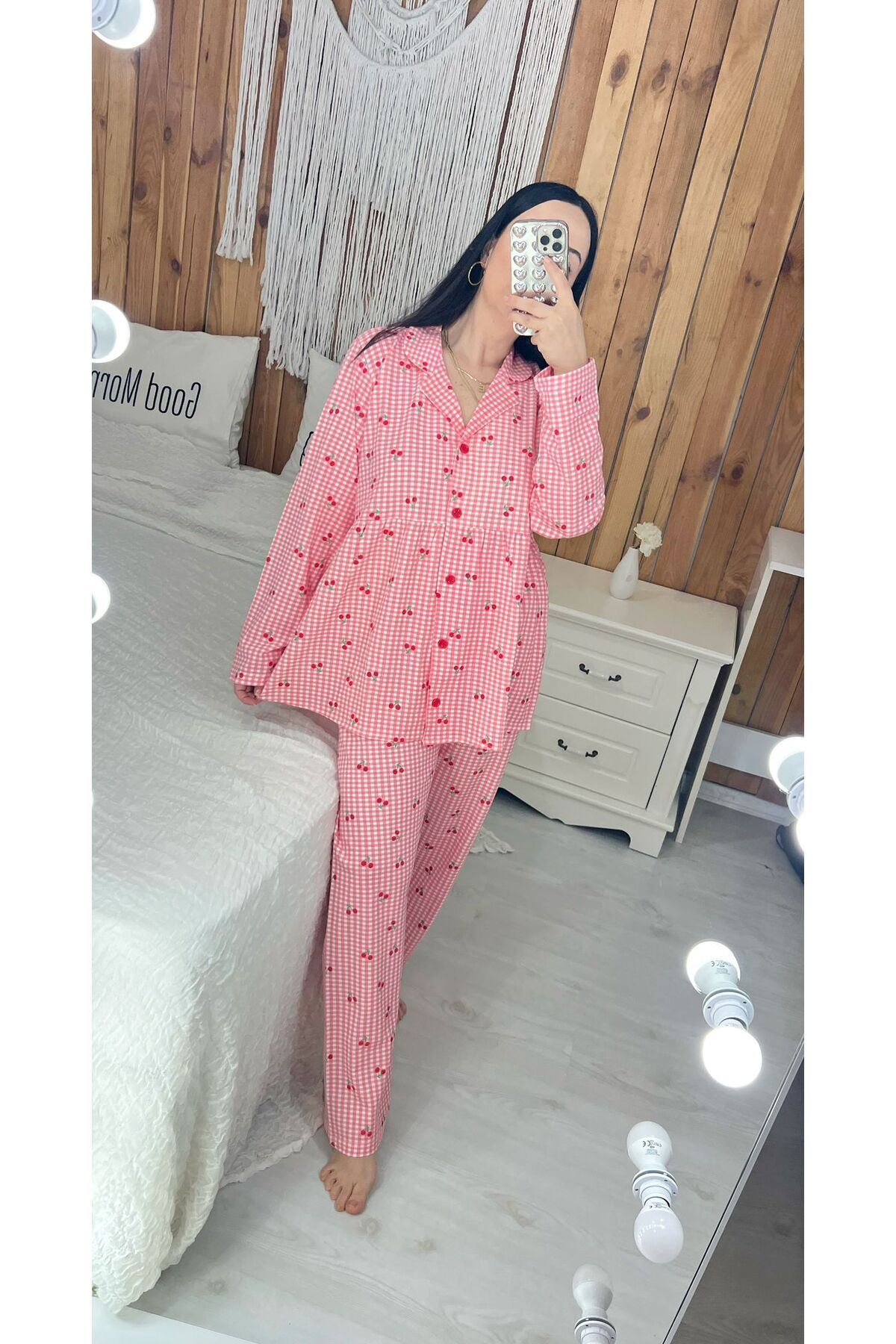 Pijamapartisi Kiraz desenli uzun kol penye pamuk kumaş before after pijama takımı