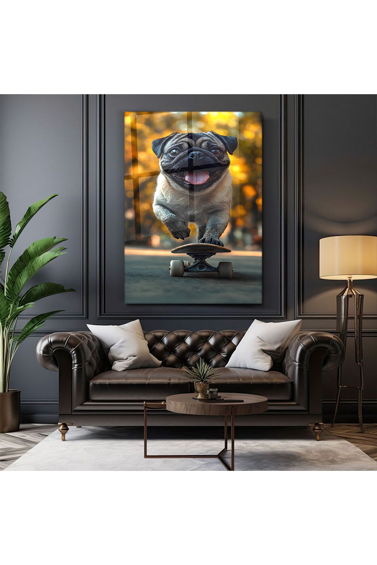 PoyKilArt Cam Tablo - Kaykaylı Pug Mizah - Duvar dekorasyonu - Ofis dekorasyonu - Duvar tablosu - DK