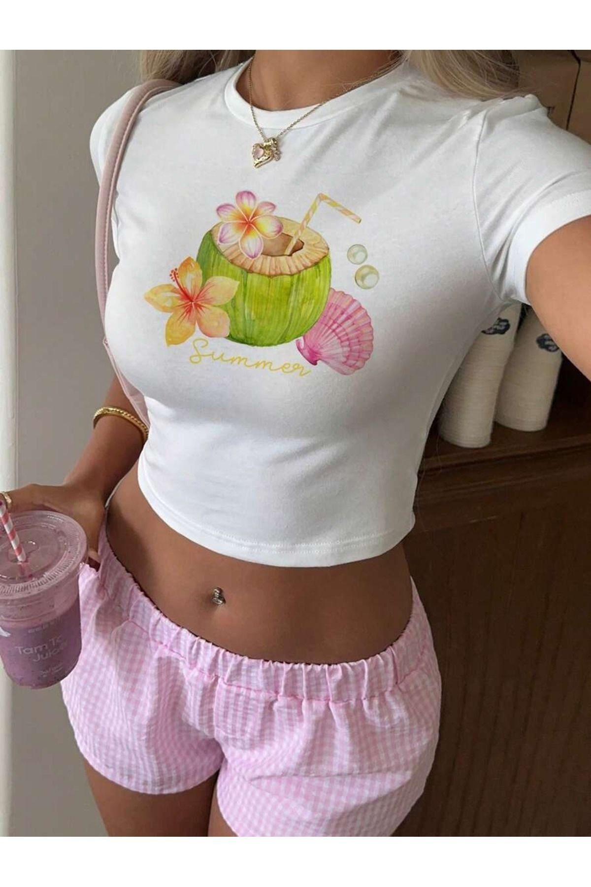 PALPİTO Kadın Beyaz Summer Coconat Baskılı Bisiklet Yaka Dar Crop Tshirt