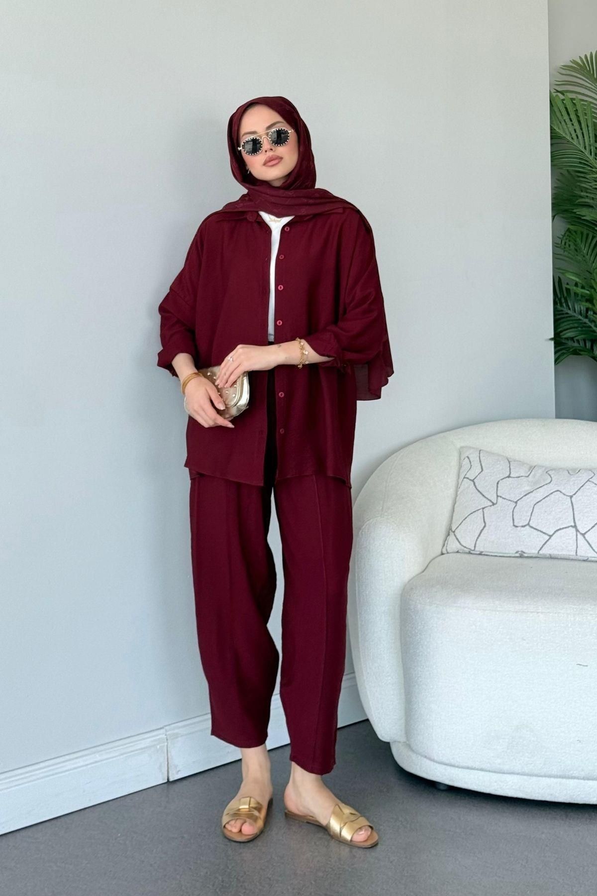 HAZA MODA Pargalı Şalvar Takım Bordo