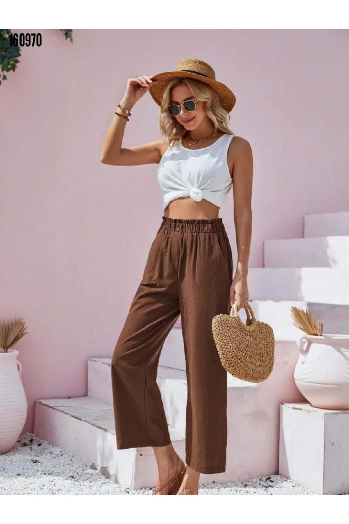 BZ Boutique Beli Büzgülü Kapri Keten Büyük Beden Pantolon 160968
