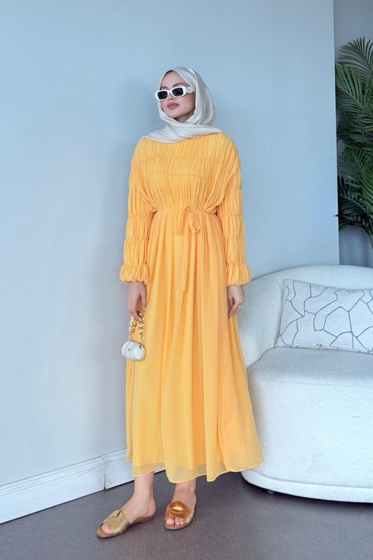 HAZA MODA Royal Büzgülü Elbise Sarı