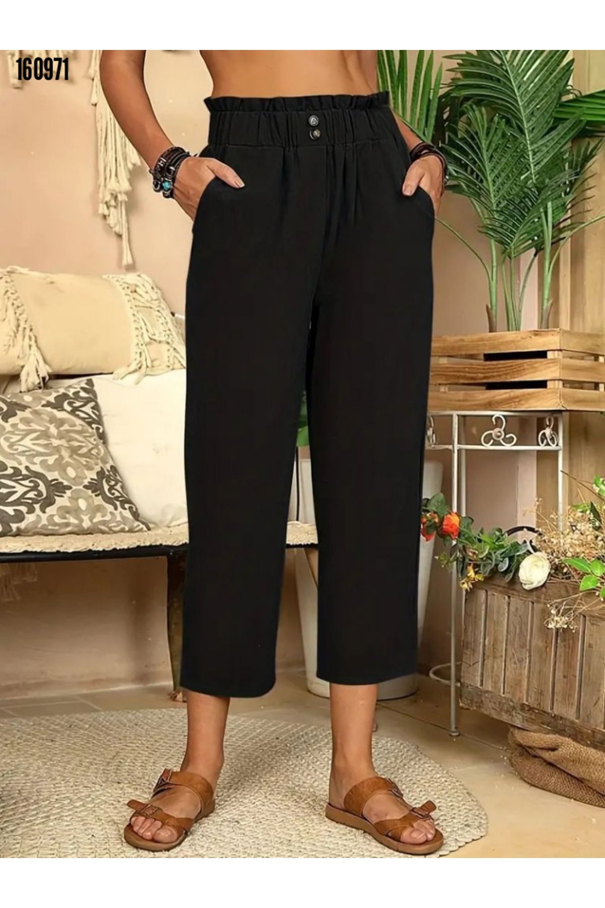 BZ Boutique Beli Büzgülü Kapri Keten Büyük Beden Pantolon 160968