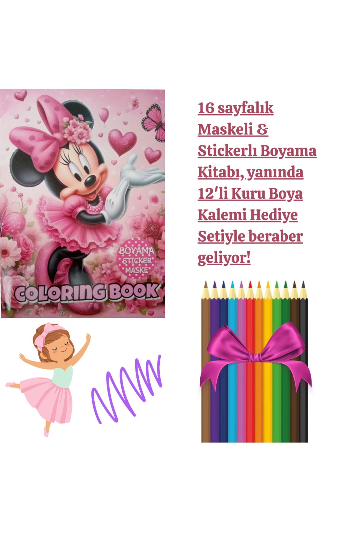 booddie Minnie Mouse Boyama Kitabı Stickerlı (arka Kapak Kesilerek Maskeli ) 12'li Kuru Boya Kalem Seti