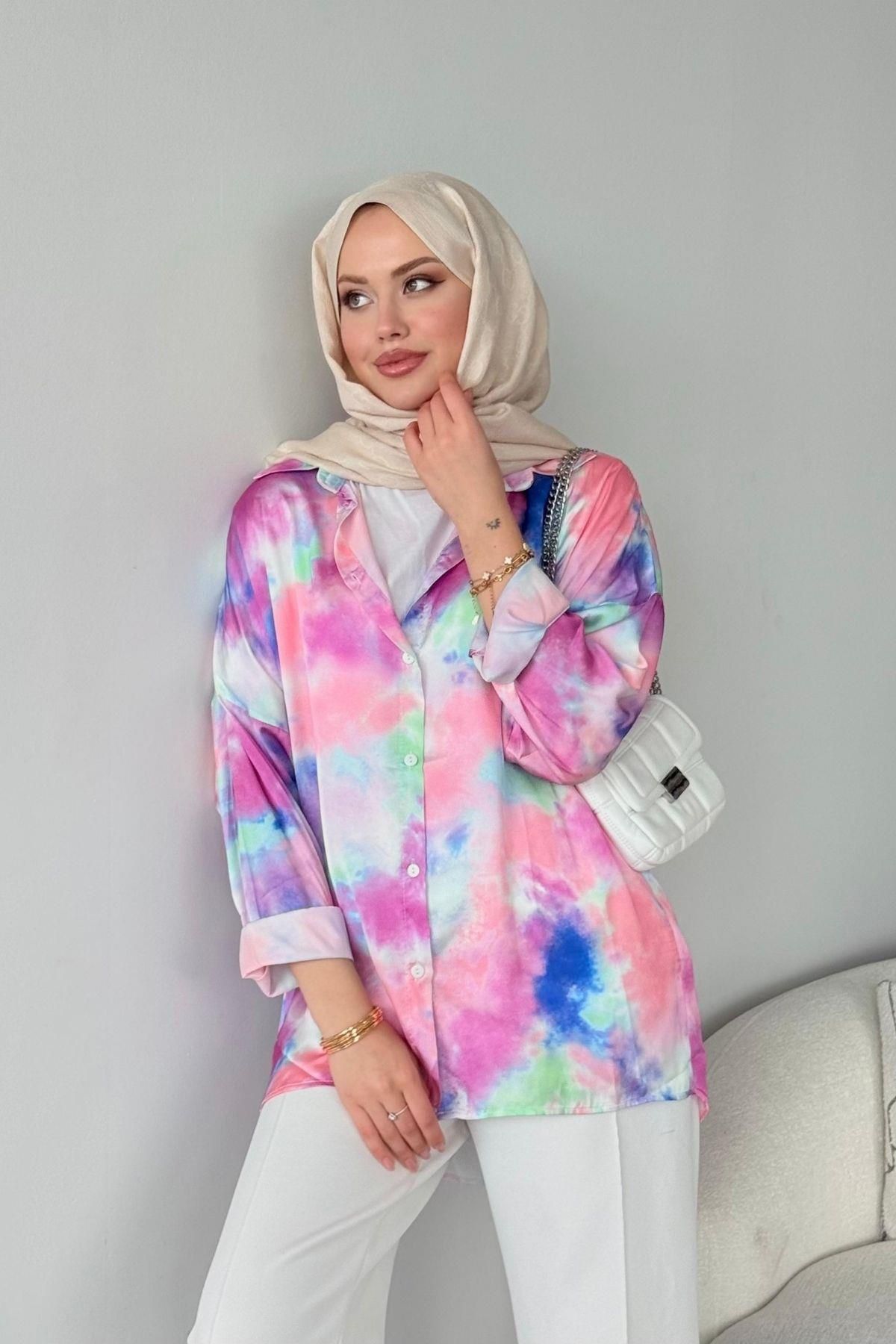 HAZA MODA Desenli Saten Gömlek Pembe