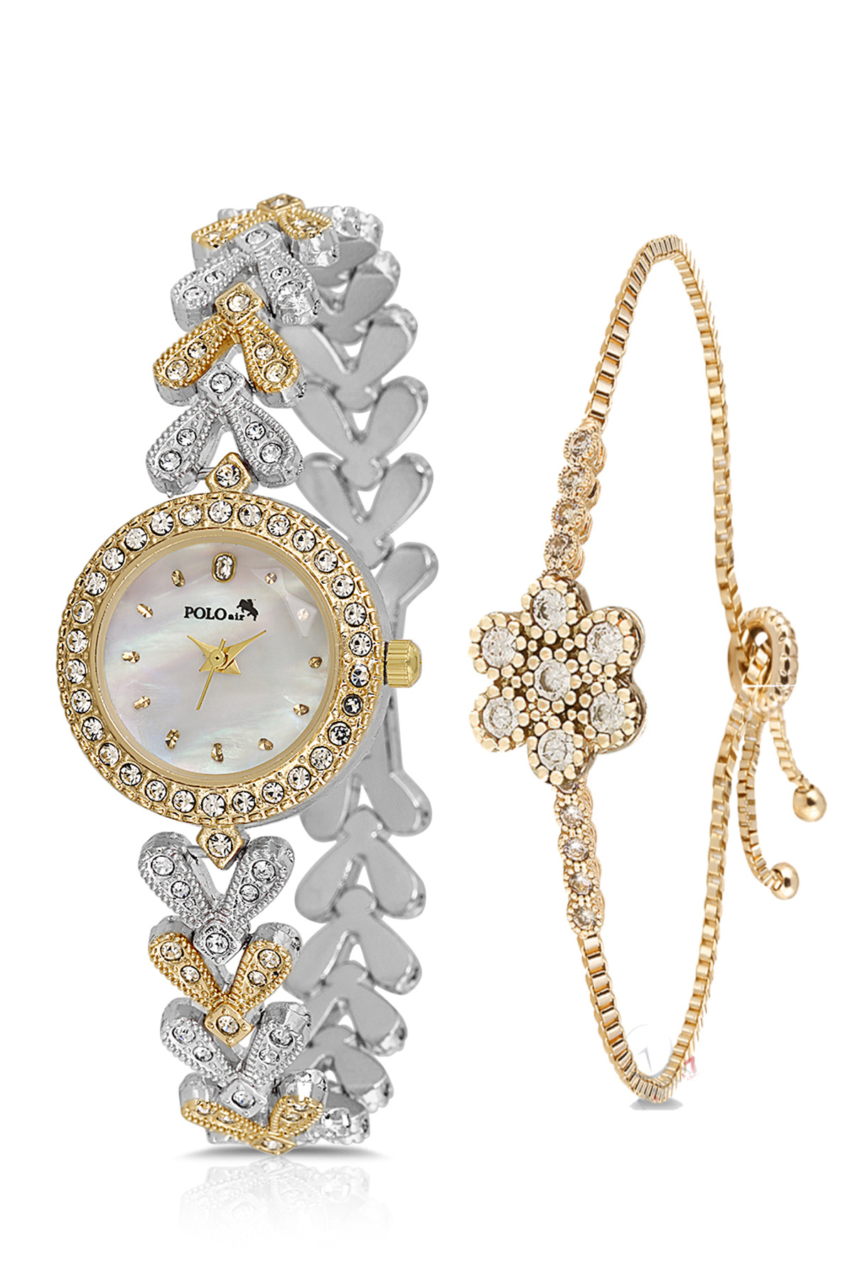 Polo Air Zarif Lüx Taşlı Kadın Kol Saati Zirkon Taşlı Çiçek Bileklik Kombin Gümüş Gold Renk PL-1540B3