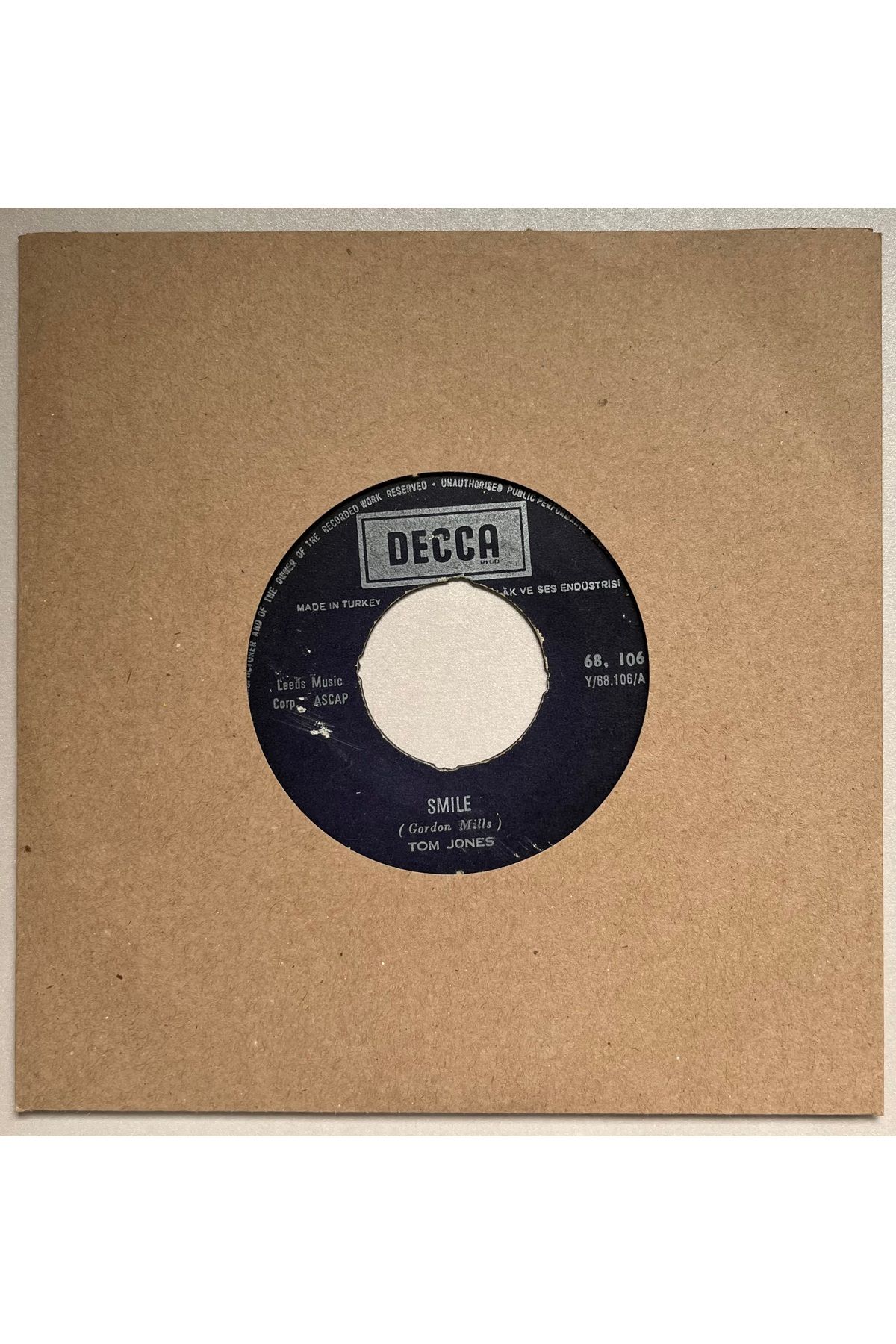 Plakevi İzmir Tom Jones Delilah - Smile 45 lik Plak (Orjnal 1968 Dönem Baskı Plak)