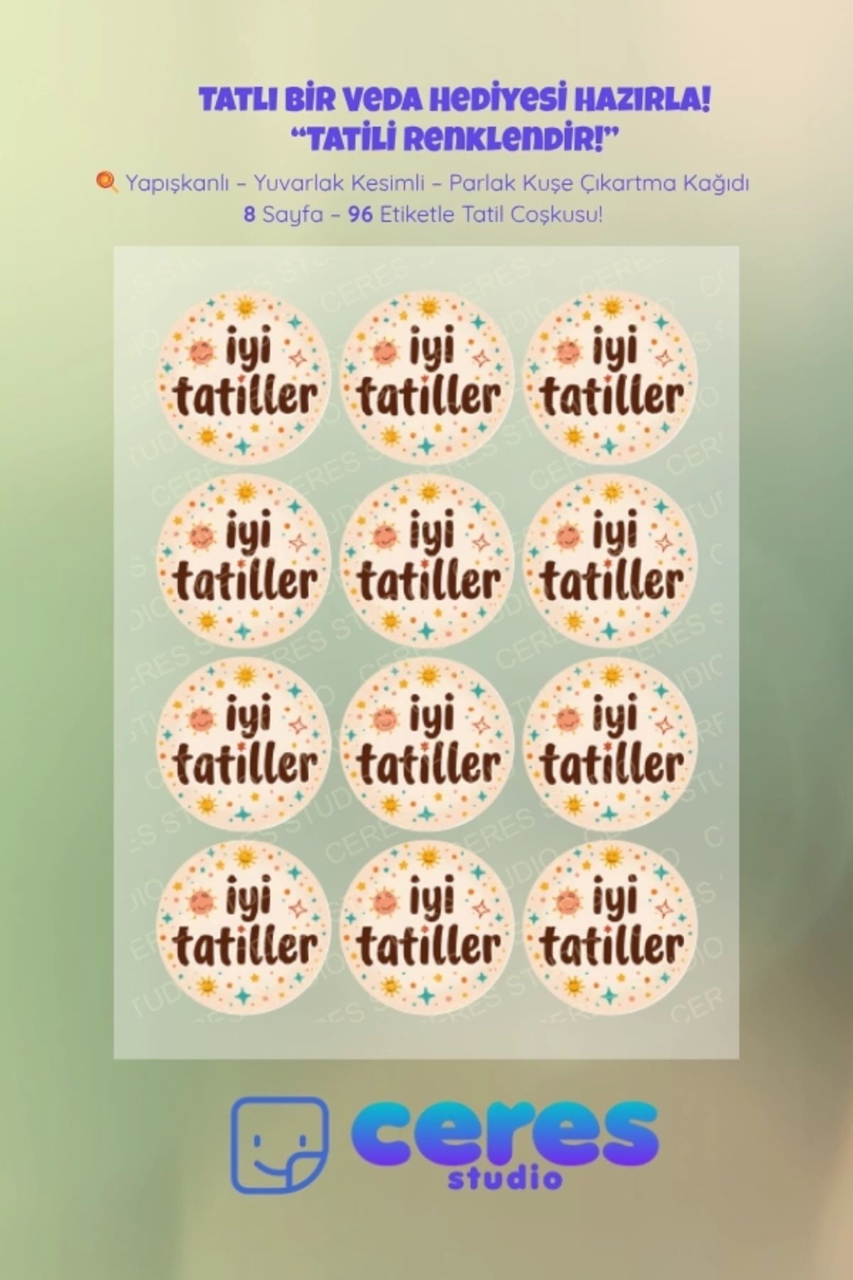 Ceres Studio İyi Tatiller Sticker Seti - 96 Adet Yuvarlak Etiket | Yapışkanlı, Parlak Kuşe Çıkartma Kağıdı