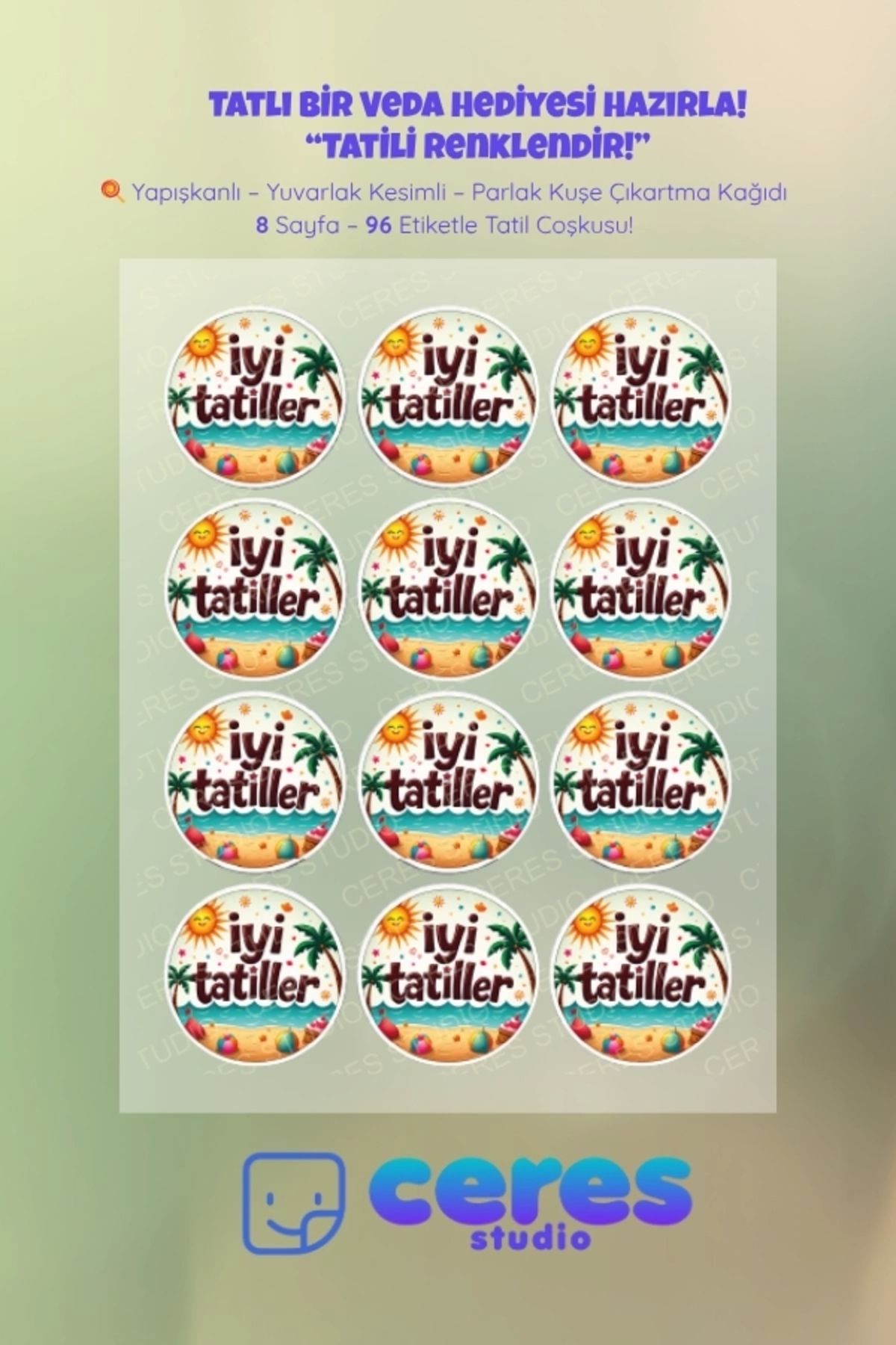 Ceres Studio İyi Tatiller Sticker Seti - 96 Adet Yuvarlak Etiket | Yapışkanlı, Parlak Kuşe Çıkartma Kağıdı