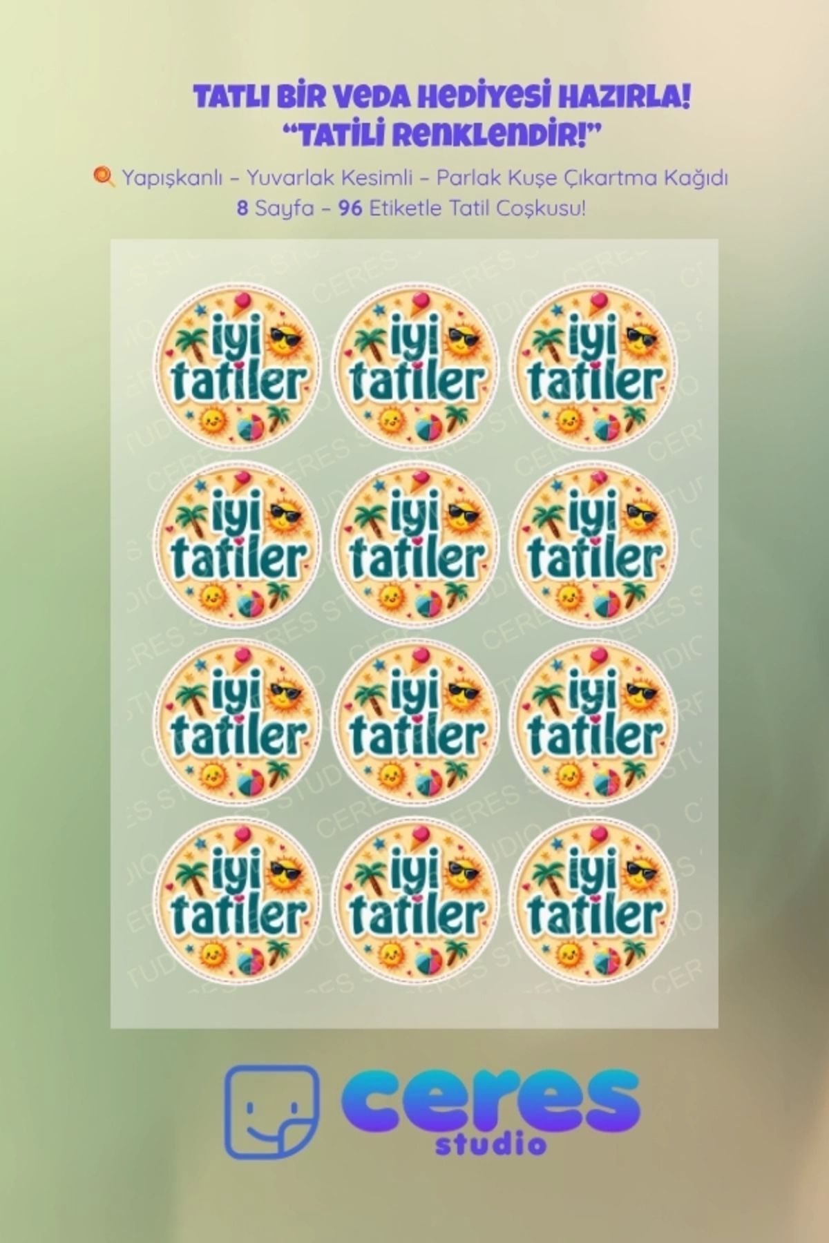 Ceres Studio İyi Tatiller Sticker Seti - 96 Adet Yuvarlak Etiket | Yapışkanlı, Parlak Kuşe Çıkartma Kağıdı