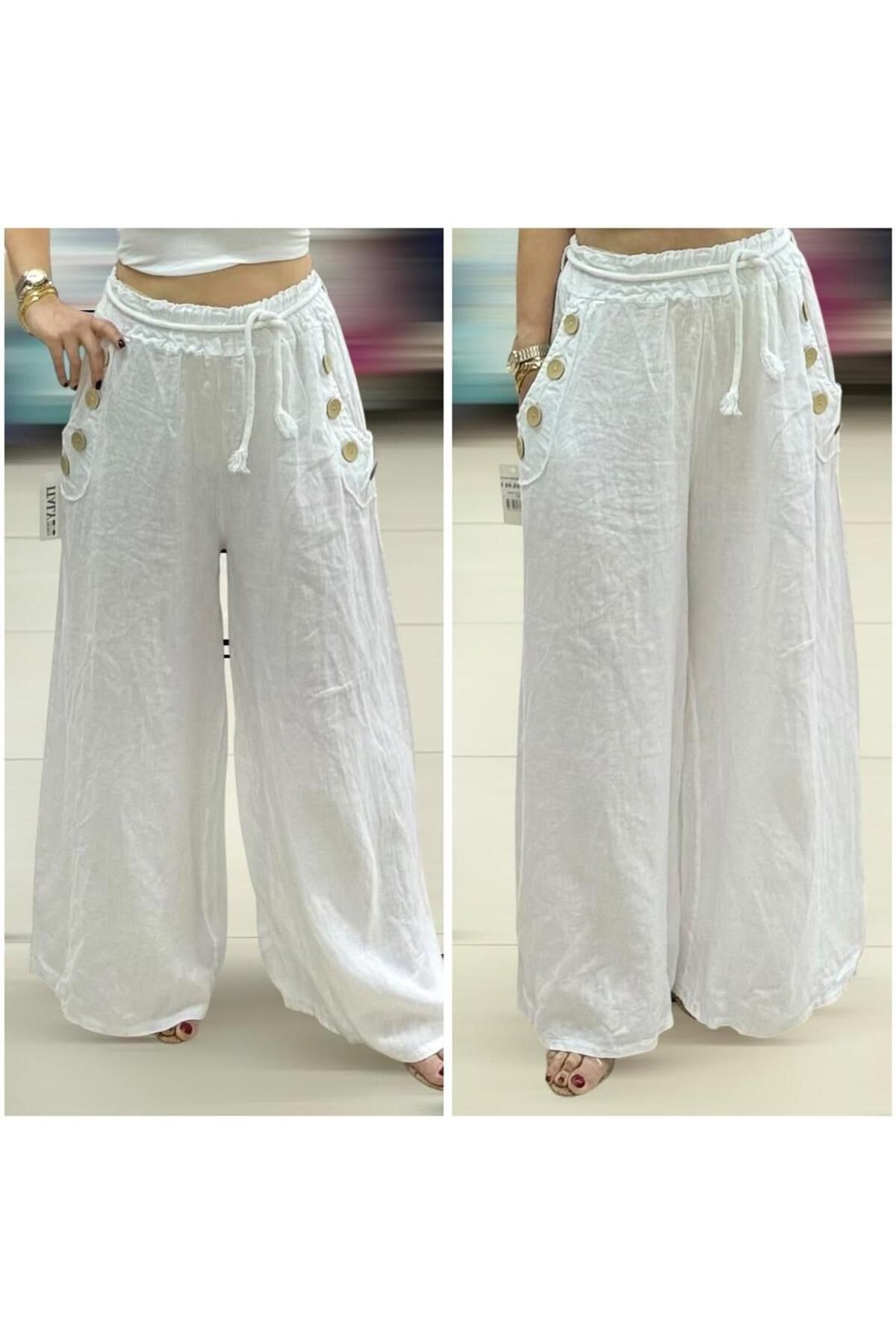 Butik İtalyan Düğme Detaylı Keten Pantolon