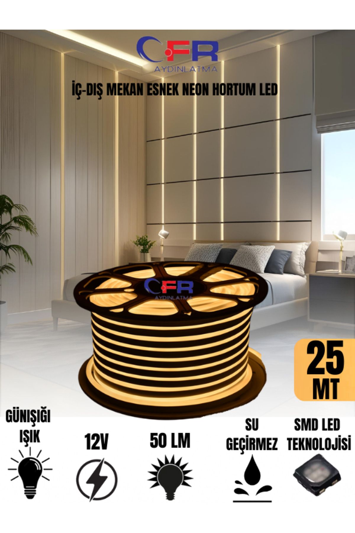 CFR LED AYDINLATMA Neon Hortum Şerit Led Günışığı, Rengi + 220v Fiş/3,4,5,10,15,20,25,50,100 Metre