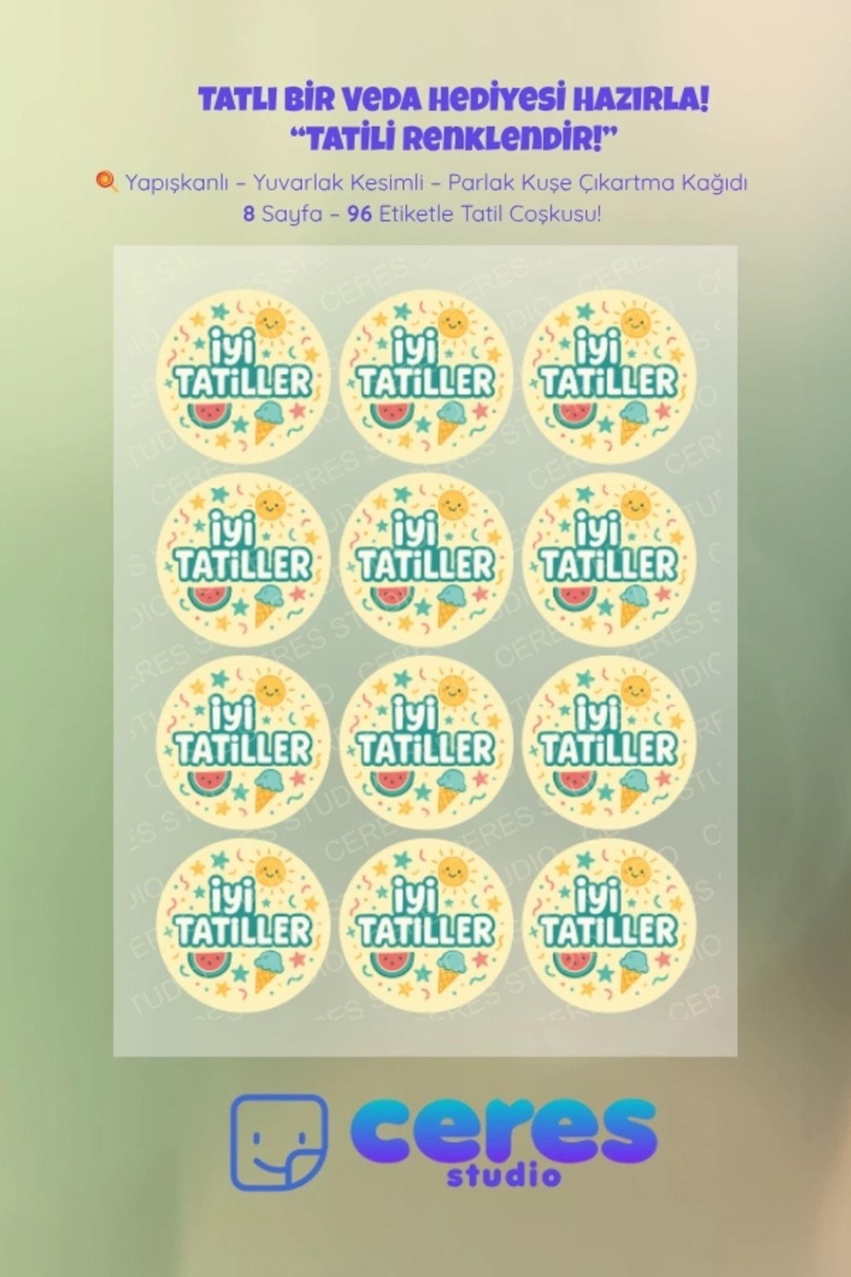 Ceres Studio İyi Tatiller Sticker Seti - 96 Adet Yuvarlak Etiket | Yapışkanlı, Parlak Kuşe Çıkartma Kağıdı
