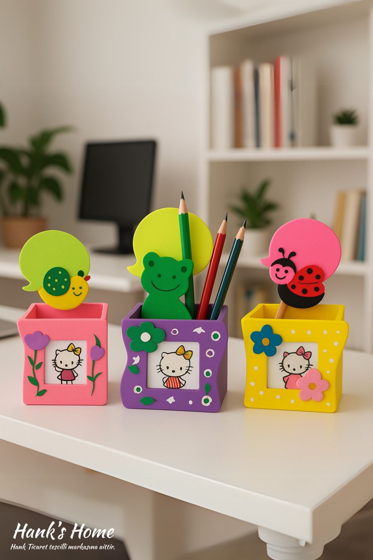 HANK TİCARET Ahşap Kalemlik Ve Notluk 5x18x12 Cm Pembe Mor Sarı 3 Lü Renkli Figürlü