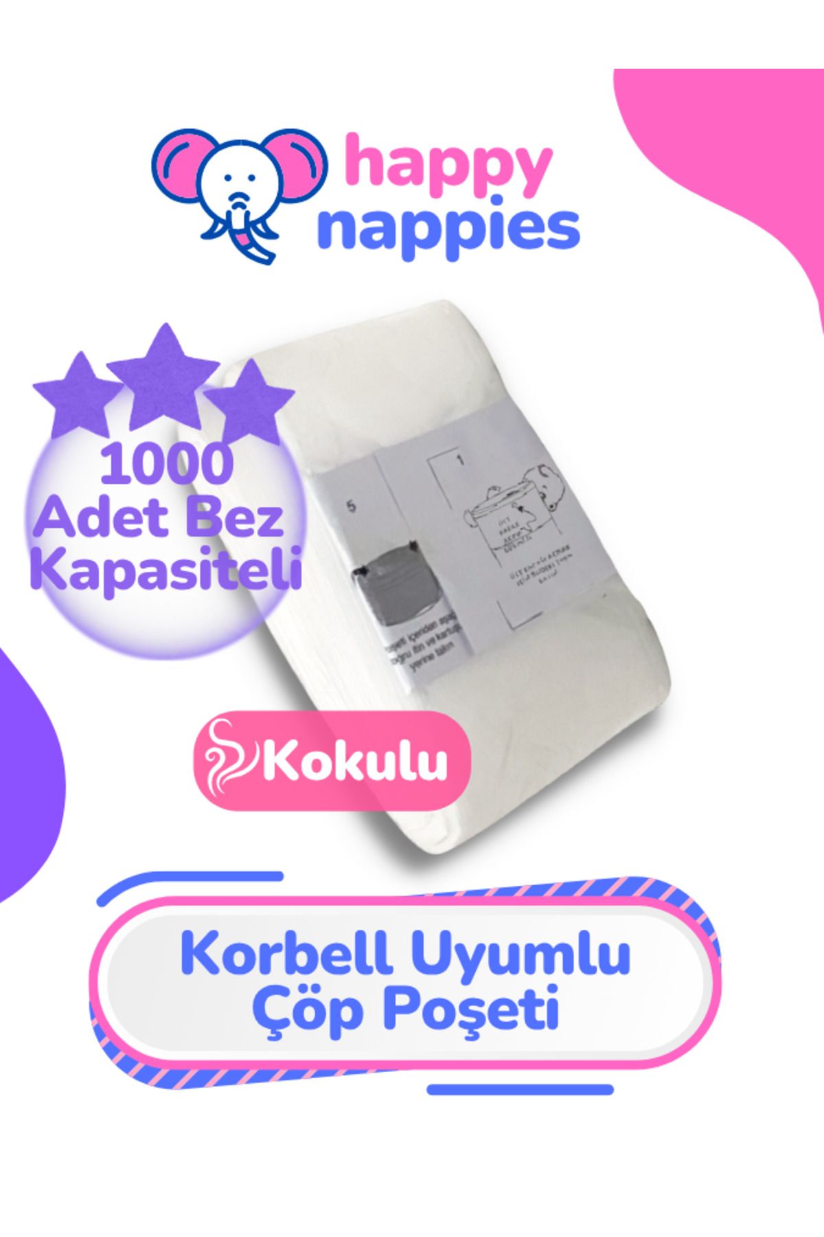 Korbell 16l Uyumlu Yerli Malı Çöp Poşeti - 1 Paket - 1000 Adet Bebek Bezi Kapasitesi