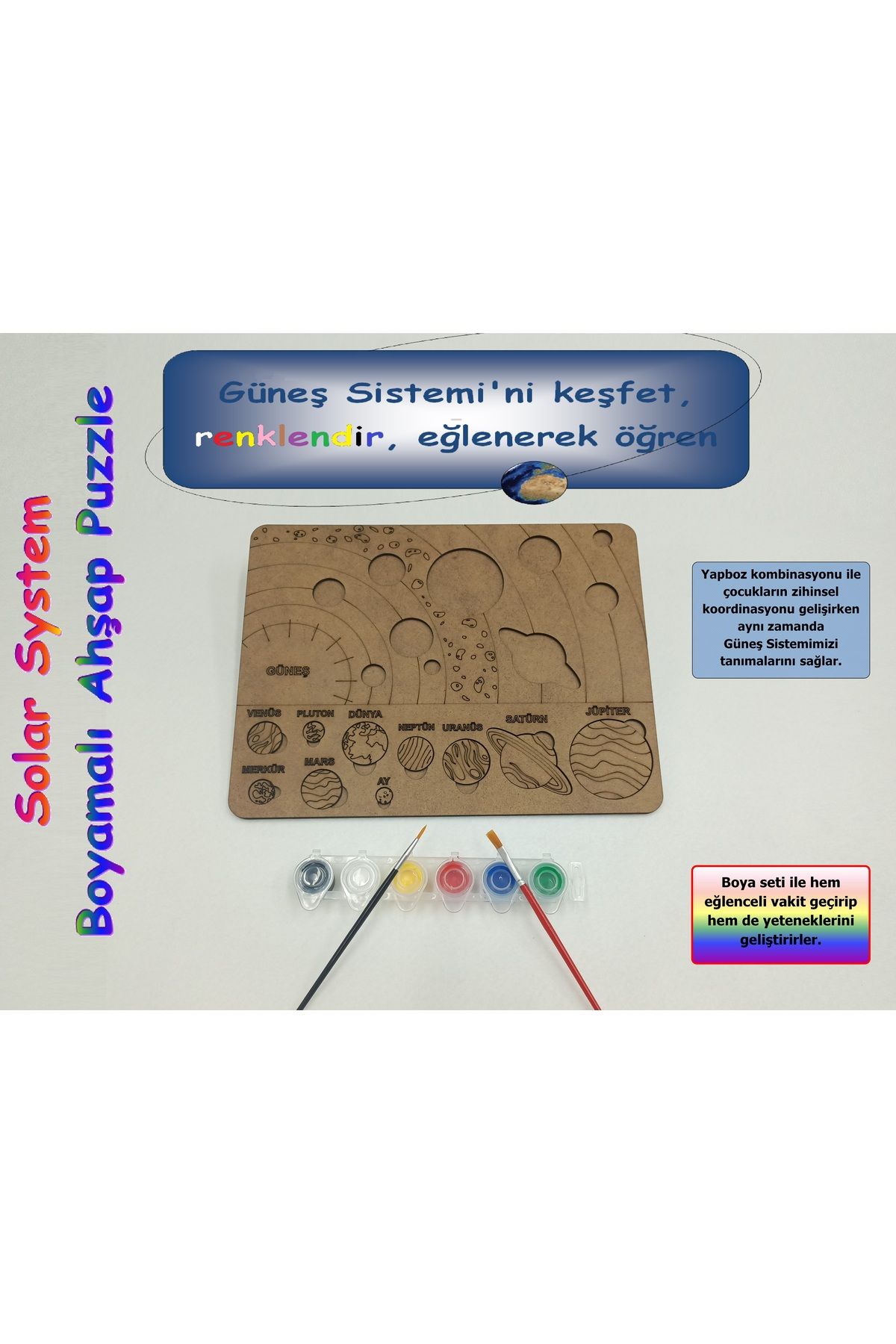 Self Power Güneş Sistemi Boyamalı Ahşap Puzzle + Boyama Seti