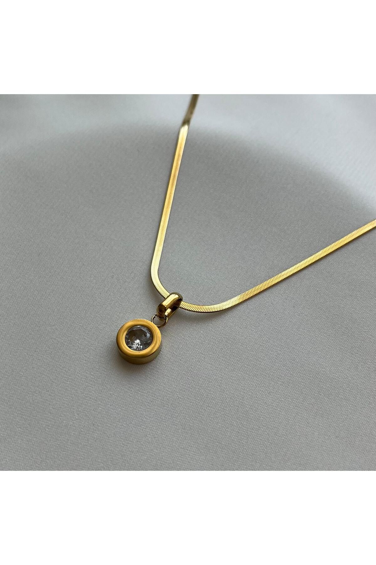 Arye Aksesuar Çelik Gold Taşlı Kolye