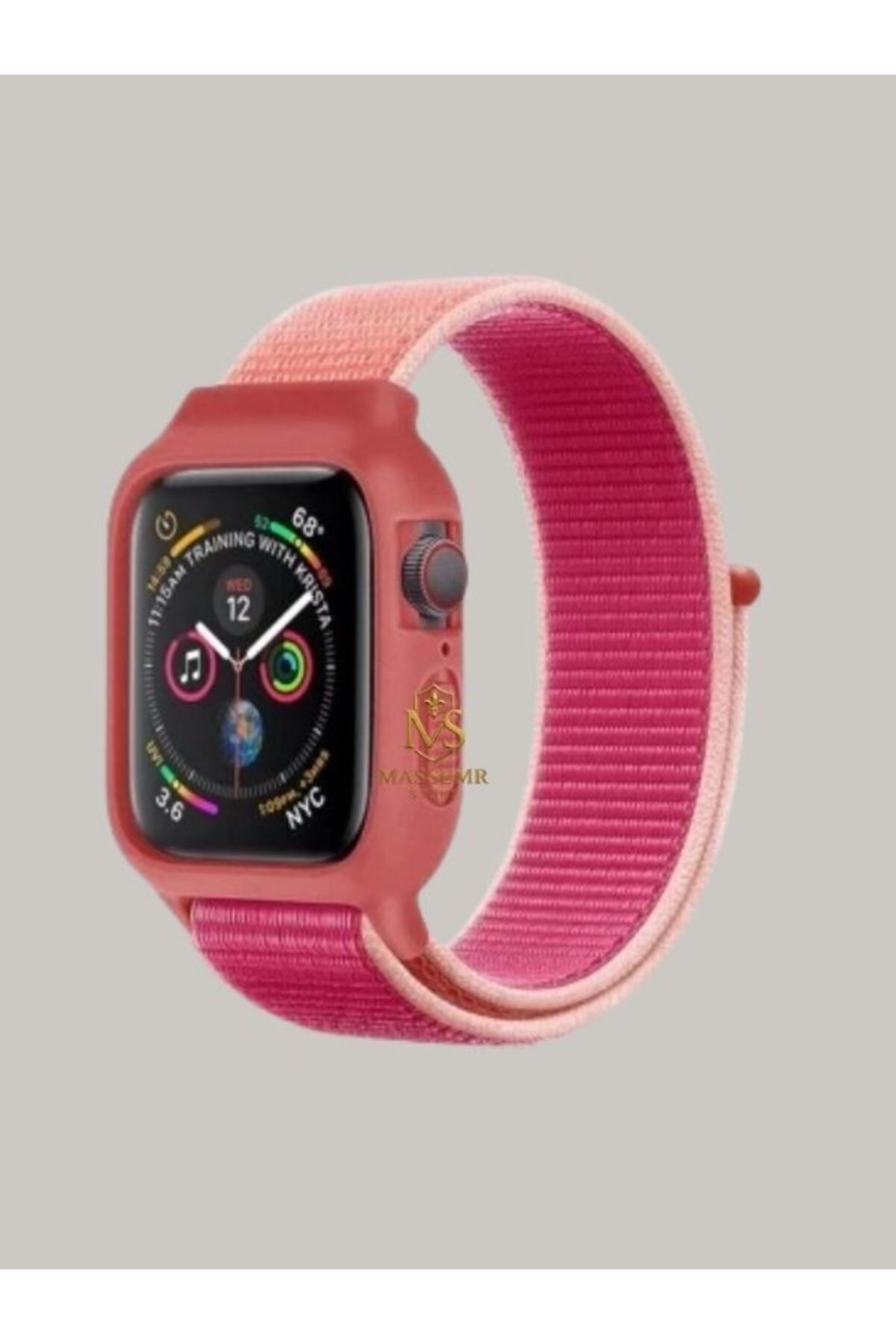 Massemr Apple Watch 44mm Uyumlu Hasırlı Cırtcırtlı Manyetik Kasalı Şık Akıllı Saat Kordonu