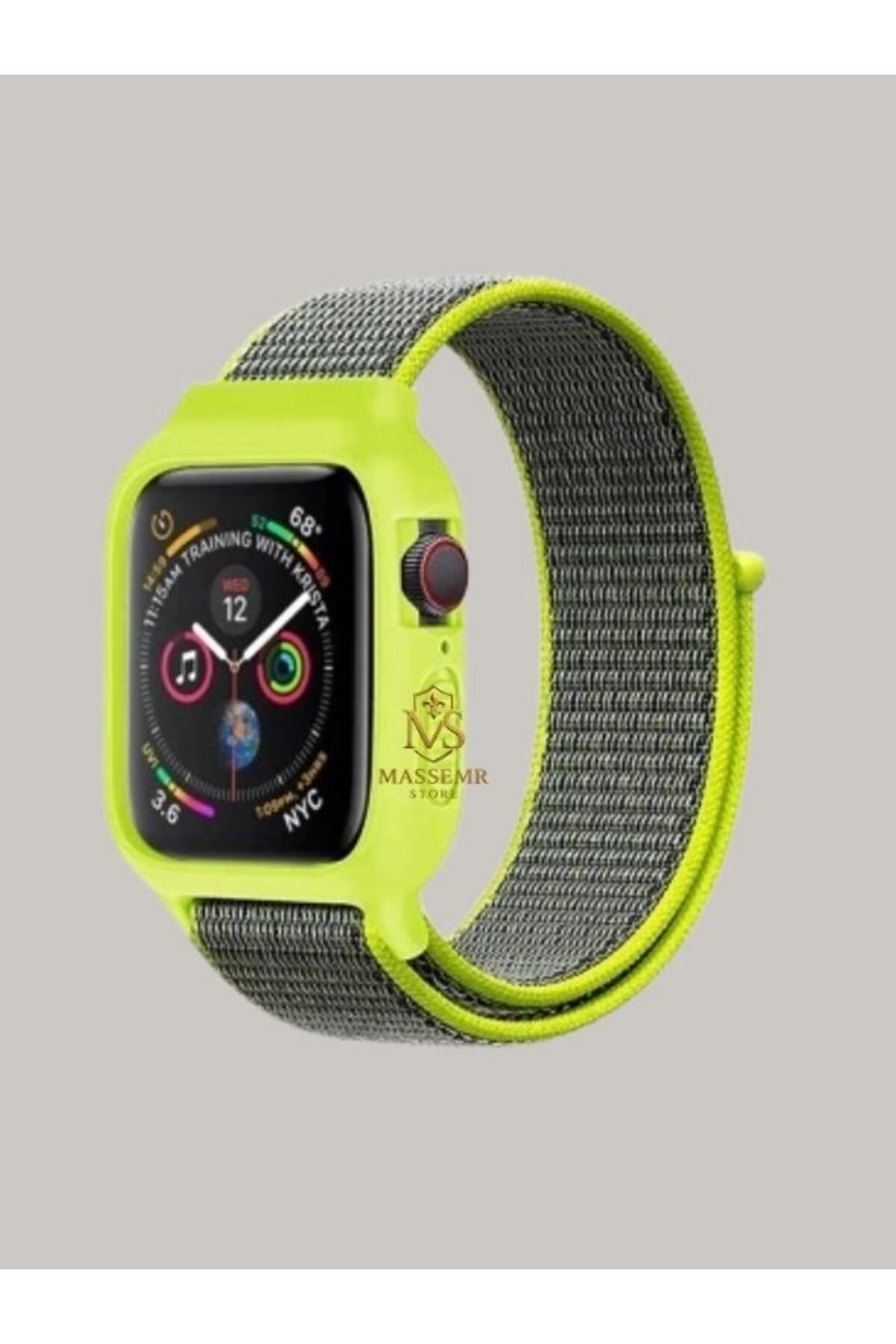 Massemr Apple Watch 44mm Uyumlu Hasırlı Cırtcırtlı Manyetik Kasalı Şık Akıllı Saat Kordonu