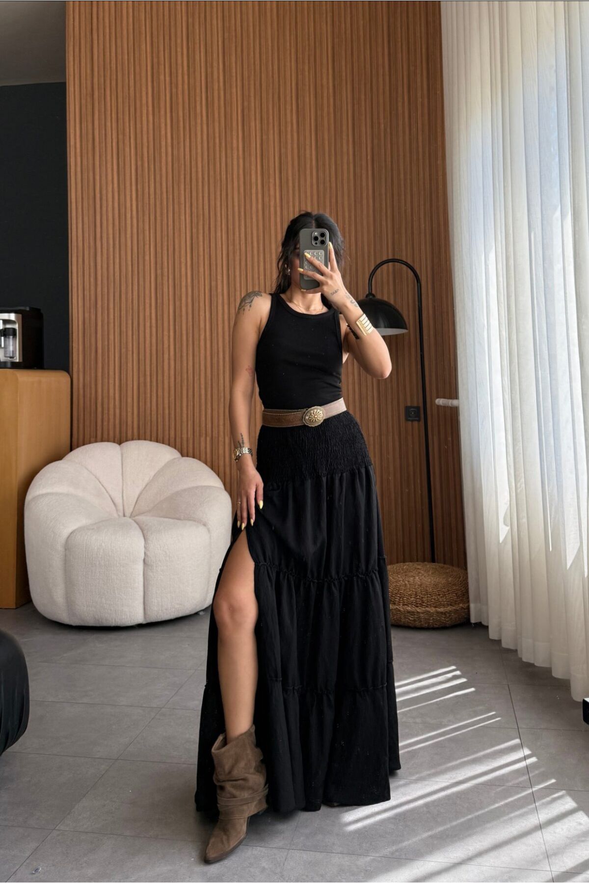 Bak'ap Premium Beli Lastikli Yırtmaç Detaylı Uzun Bohem Pinterest Etek