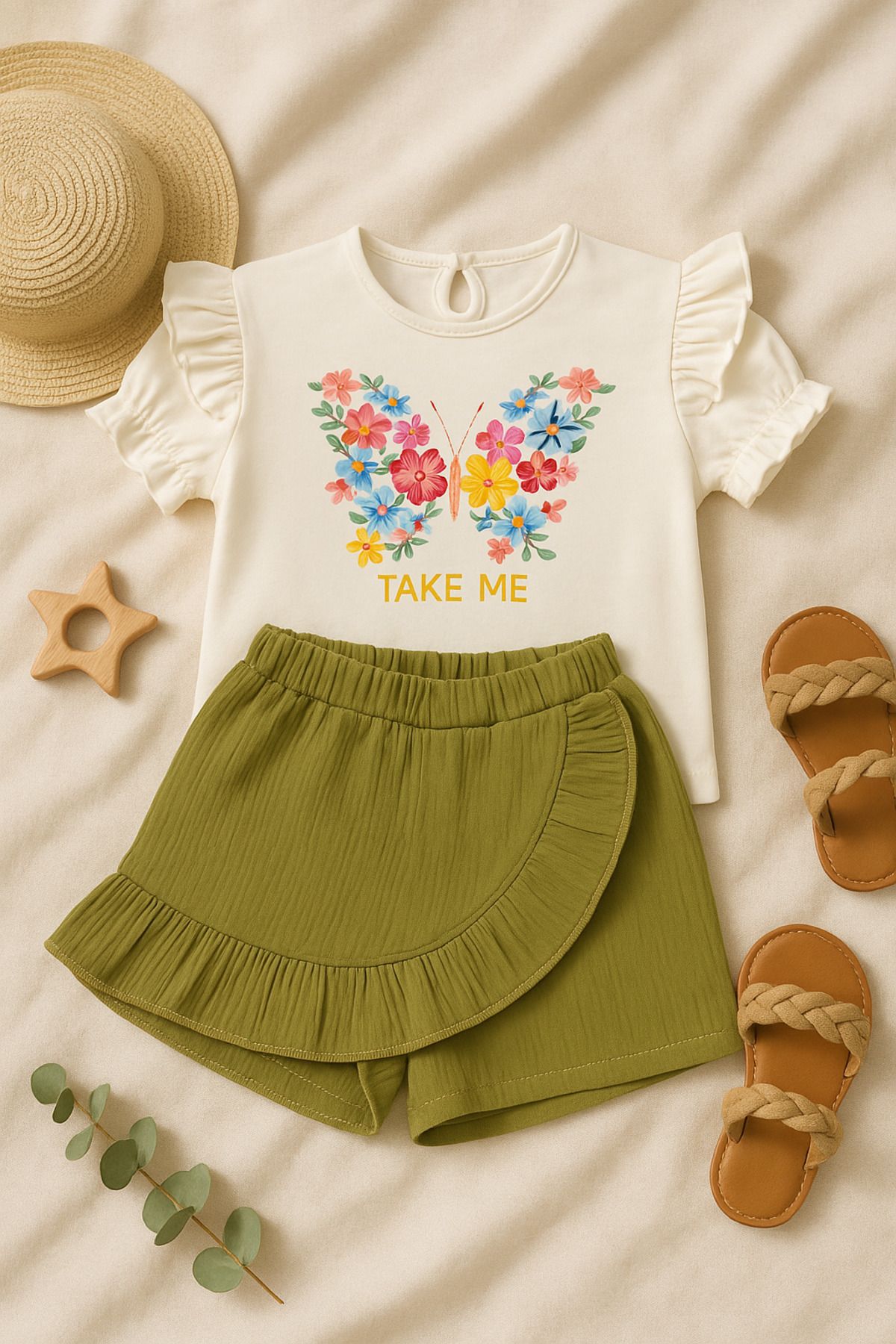 BABY SPORT ŞORT ETEKLİ ÇİÇEKLİ KELEBEK BASKILI TAKIM