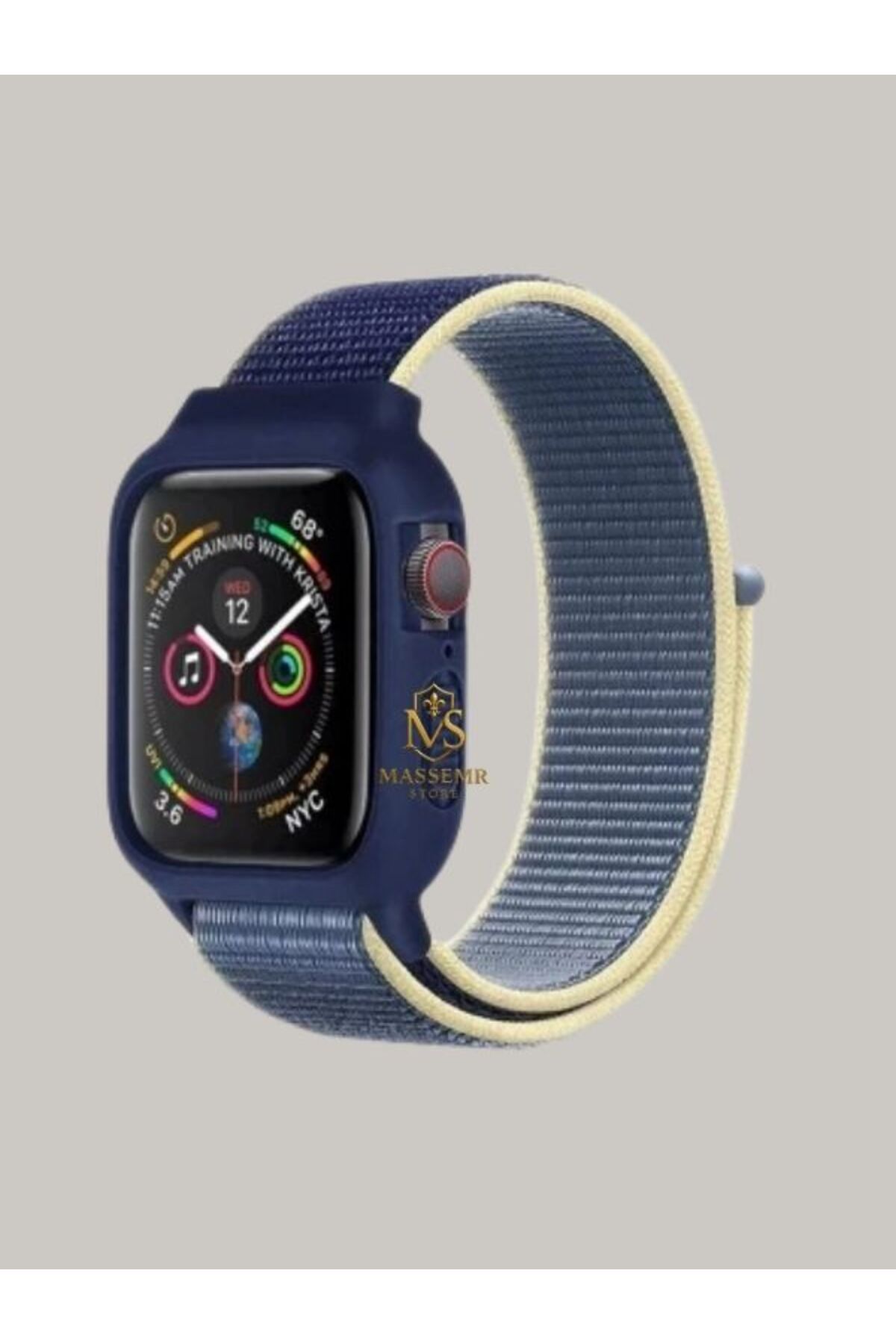 Massemr Apple Watch 44mm Uyumlu Hasırlı Cırtcırtlı Manyetik Kasalı Şık Akıllı Saat Kordonu