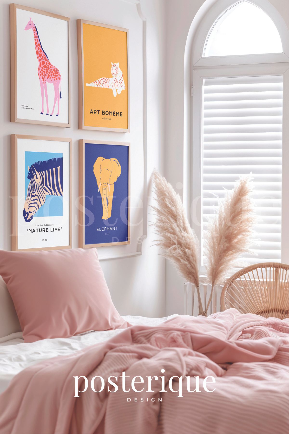 posterique Boheme Animal 4 lü Çerçevesiz Tablo Çerçevesiz Poster Modern Poster Dekoratif Poster